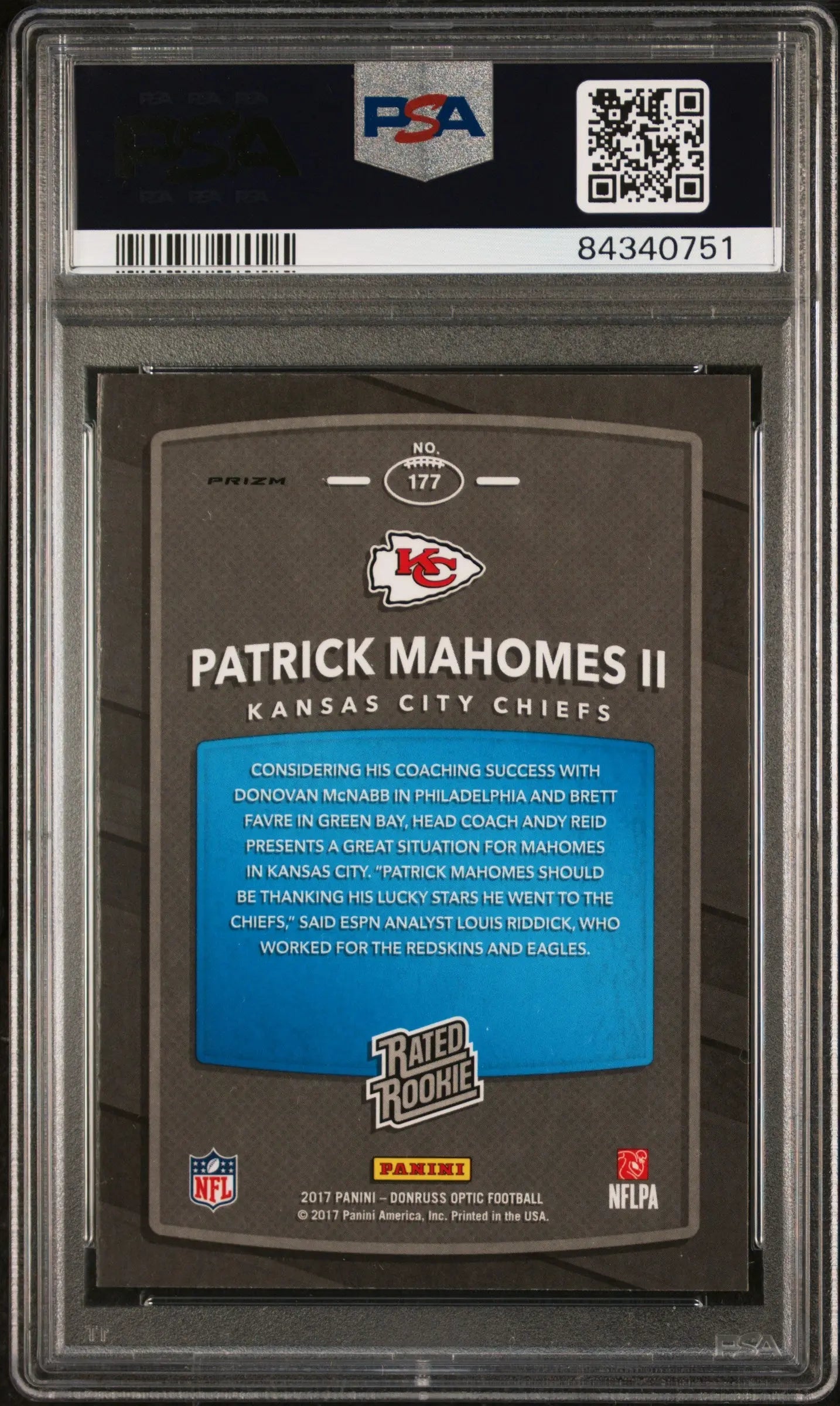 2017 Panini Donruss Optic Red/Yellow Patrick Mahomes II Rated Rookie PSA 9 #177 Football Trading Card - Perfect for NFL Collectors, Sports Memorabilia Enthusiasts, and Investment Collectibles