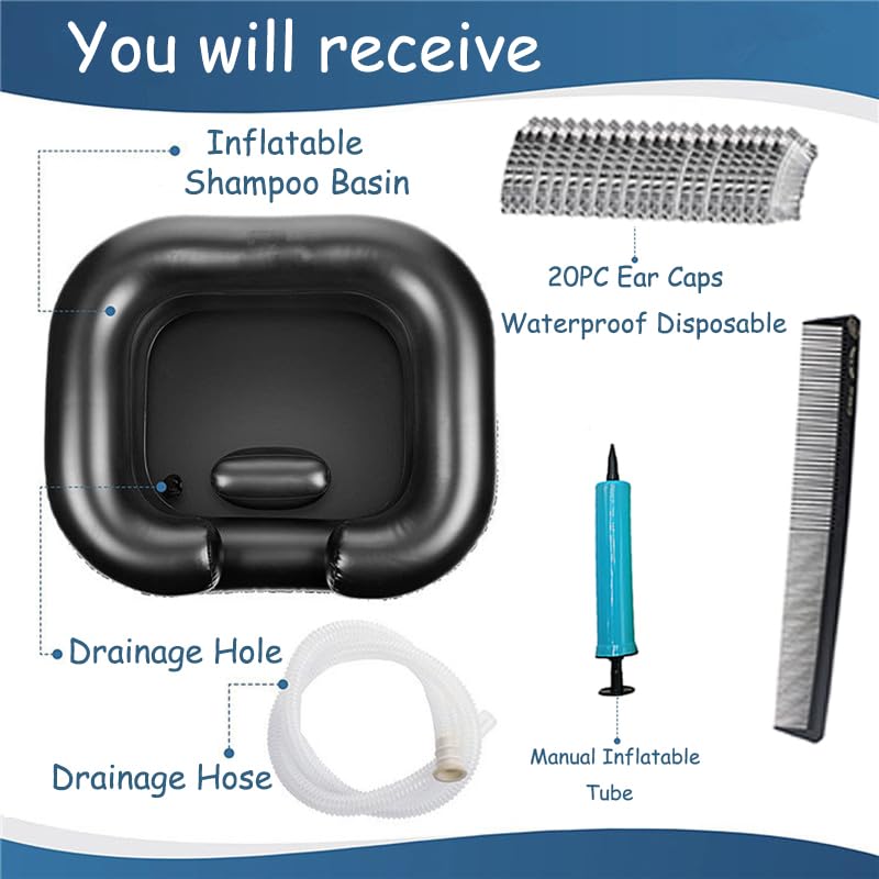 Portable Inflatable Shampoo Basin - Hair Washing Bowl for Bedridden, Disabled & Elderly Care, Dreadlocks & Home Sink Use, Lightweight & Comfortable (Black) - Perfect for Home Nursing, Salon & Travel Hair Care