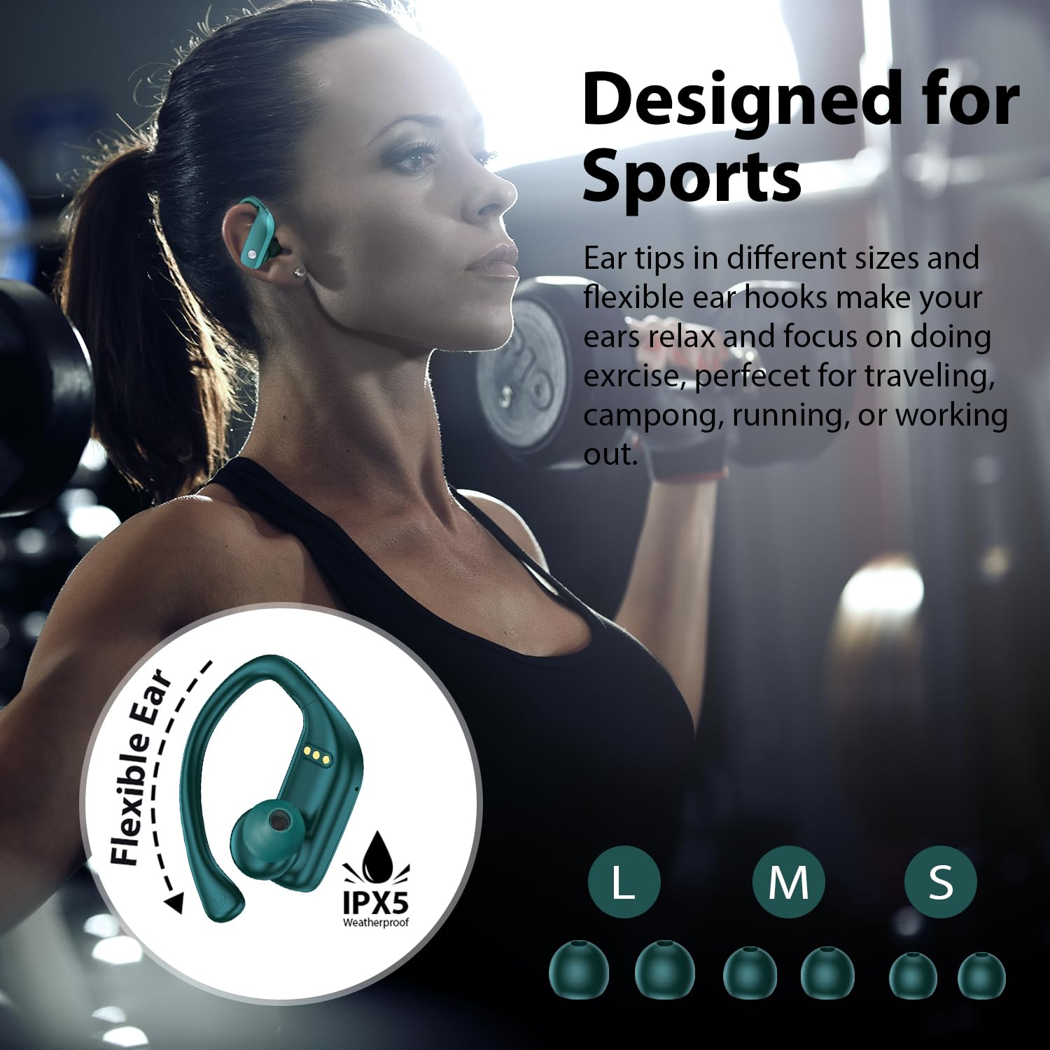Bmani 2 Pairs Wireless Bluetooth Earbuds with LED Display - 48H Playtime, Built-in Mic, Earhooks for Secure Fit - Green & Purple - Perfect for Workouts, Running, Gym & Outdoor Sports