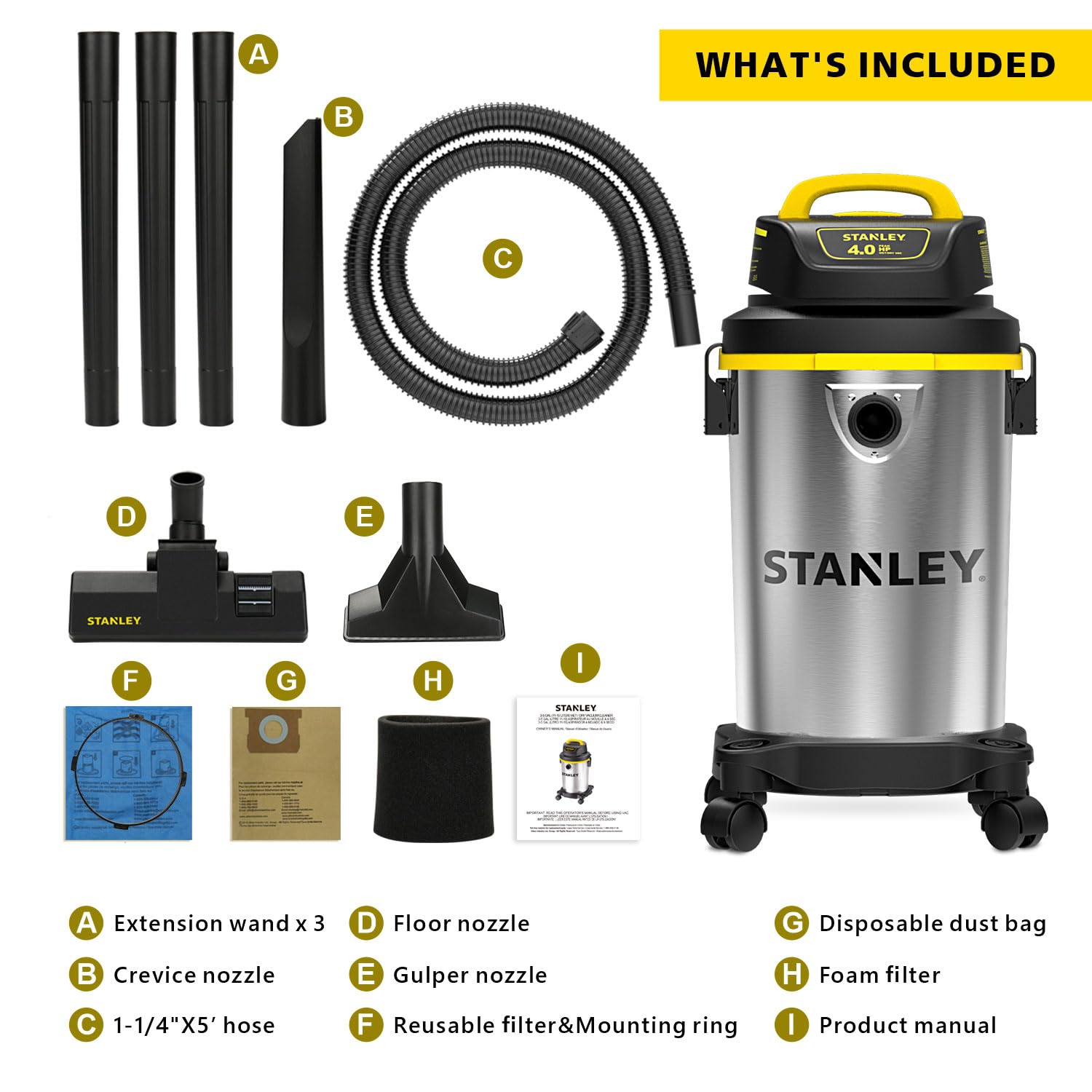 STANLEY 4 Gallon Wet Dry Vacuum Cleaner - 4 Peak HP Portable Shop Vac with Stainless Steel Tank for Job Site, Garage, Basement, Workshop | Powerful Cleaning for Construction, DIY Projects & Home Maintenance