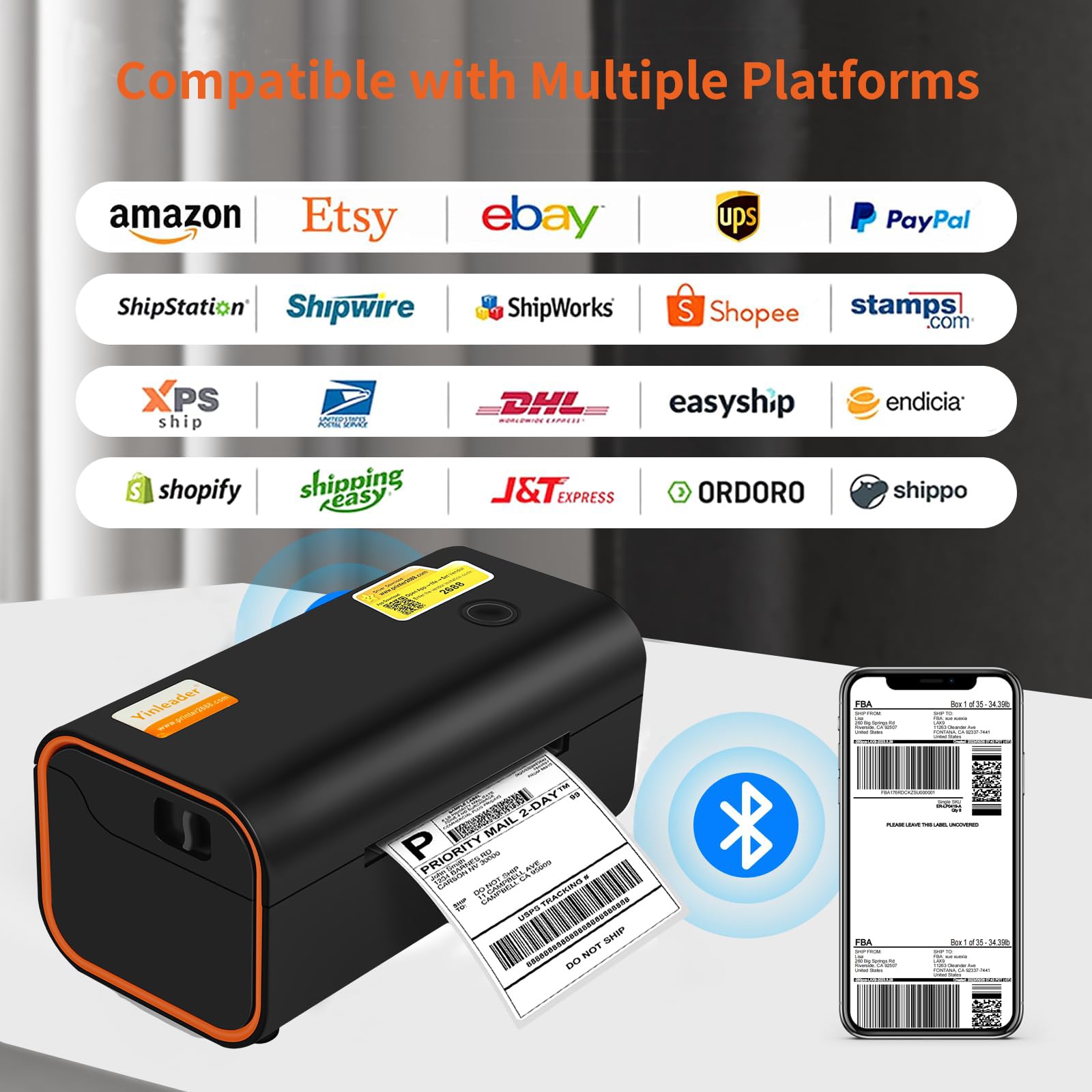 Yinleader 4x6 Thermal Bluetooth Shipping Label Printer - Compatible with Windows, Mac, ChromeOS, iOS, Android - Works with Amazon, eBay, UPS, USPS, FedEx, Shopify - Perfect for E-commerce, Small Business & Home Office Shipping (Black)