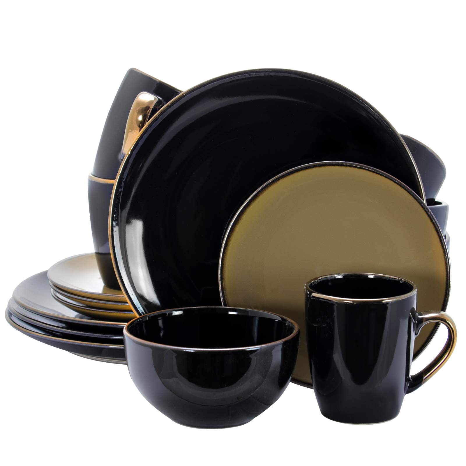Elama 16-Piece Round Stoneware Dinnerware Set - Black & Warm Taupe | Durable Stone Dish Set for Everyday Dining, Dinner Parties & Restaurant Use