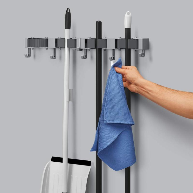 Wall Mounted Tool Organizer Set of 2 - Heavy Duty Broom & Mop Holder with Hooks for Garage, Kitchen, or Utility Room Storage