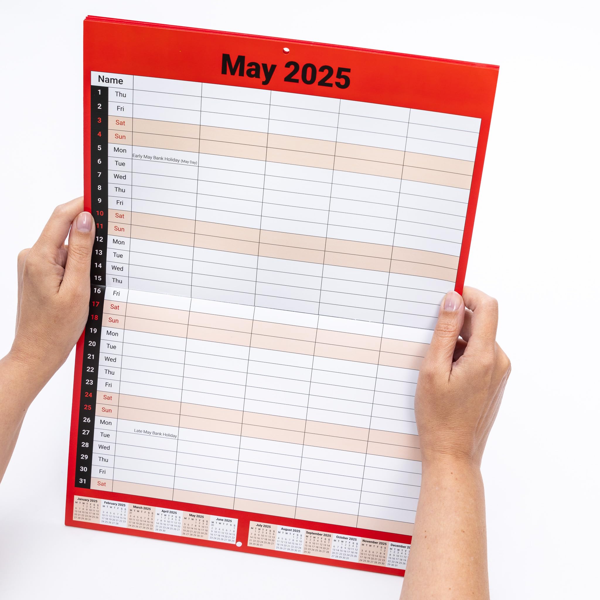 2025 Family Calendar A3 Size - 5 Column Monthly Wall Planner with Red & White Design - Perfect for Home, Office & School Organization