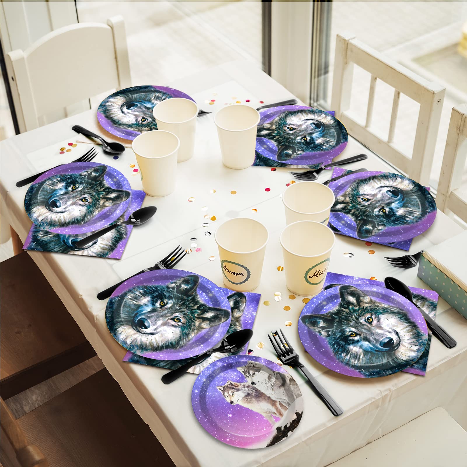 Wiooffen 96-Piece Wolf Themed Party Supplies Set - Disposable Plates, Napkins & Forks for Animal Birthday Decorations | Perfect for Boys, Girls Birthday Parties & Baby Showers (Serves 24 Guests) | Ideal for Jungle-Themed Events, Kids Celebrations & Outdoor Gatherings