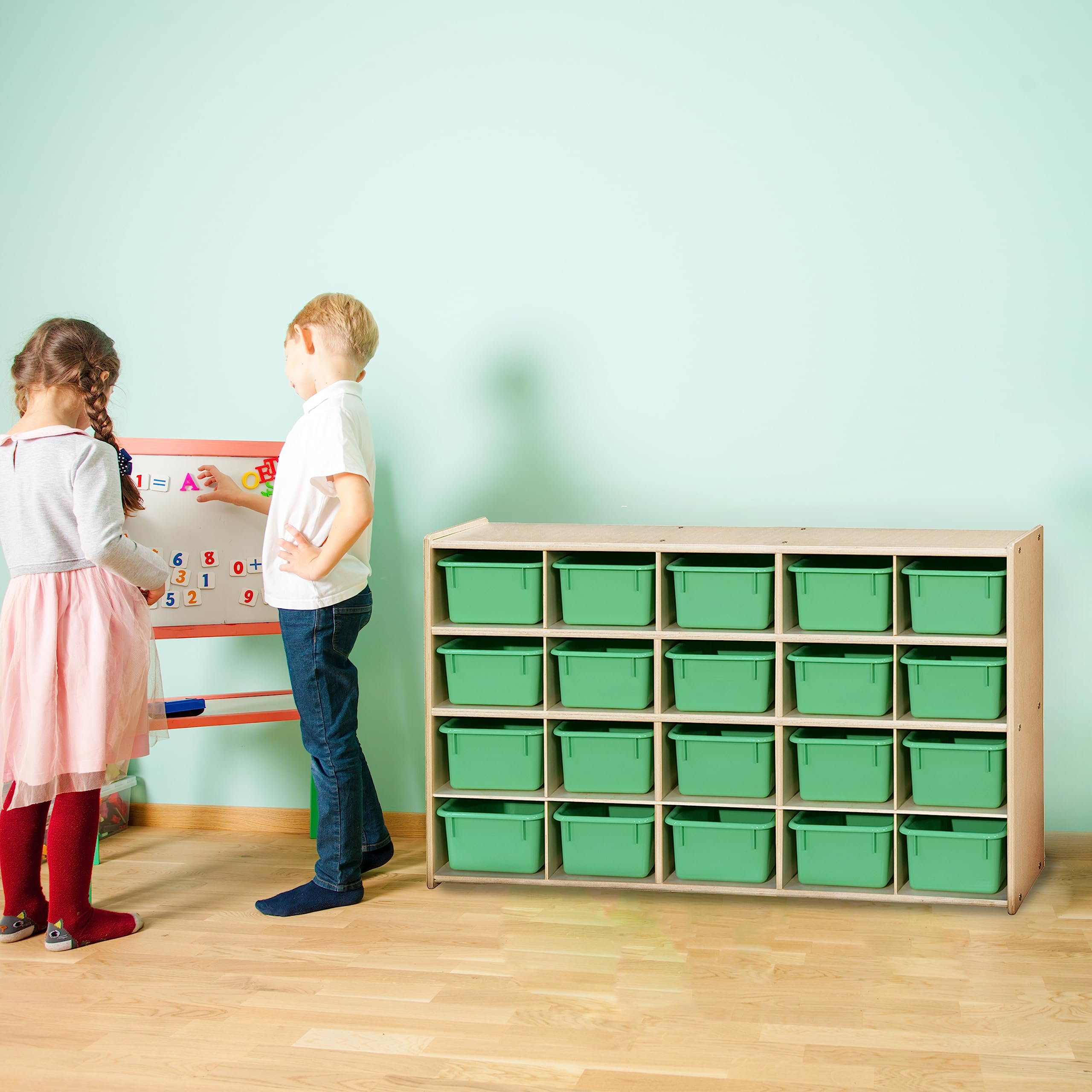 Contender 20 Cubby Storage Cabinet with Lime Green Trays - Fully Assembled Rolling Organizer for Kids | Daycare, Classroom & Preschool Storage Solution | Made in USA | Perfect for Toy Organization, Art Supplies & School Materials