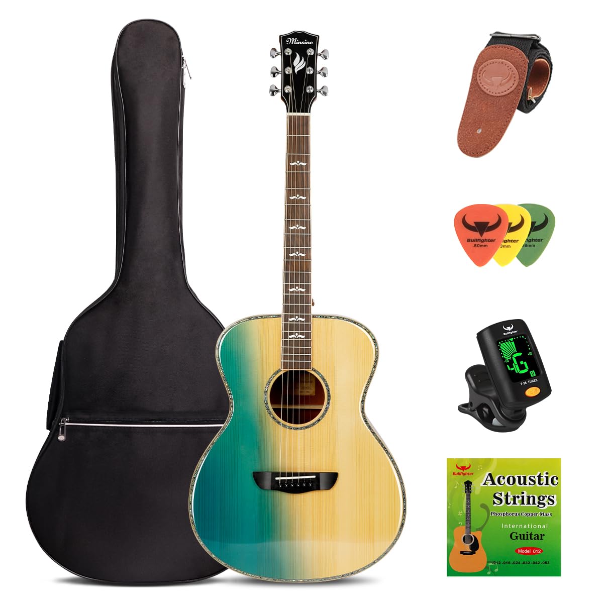 Bullfighter 41in Acoustic Guitar Beginner Kit - 6 String Folk & Pop Guitar for Kids & Adults with Gig Bag, Strap, Tuner, Strings & Picks - Perfect for Home Practice, Music Lessons & Campfire Performances