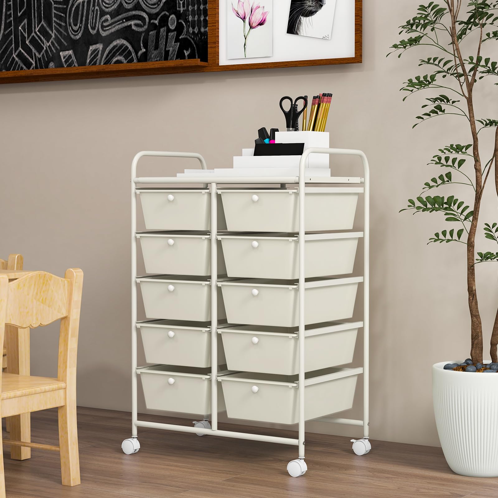 GOFLAME 10-Drawer Rolling Storage Cart with Wheels - Multipurpose Mobile Organizer for Art Supplies, Crafts, School, Office & Home Use - Ivory Utility Cart for Easy Storage & Organization