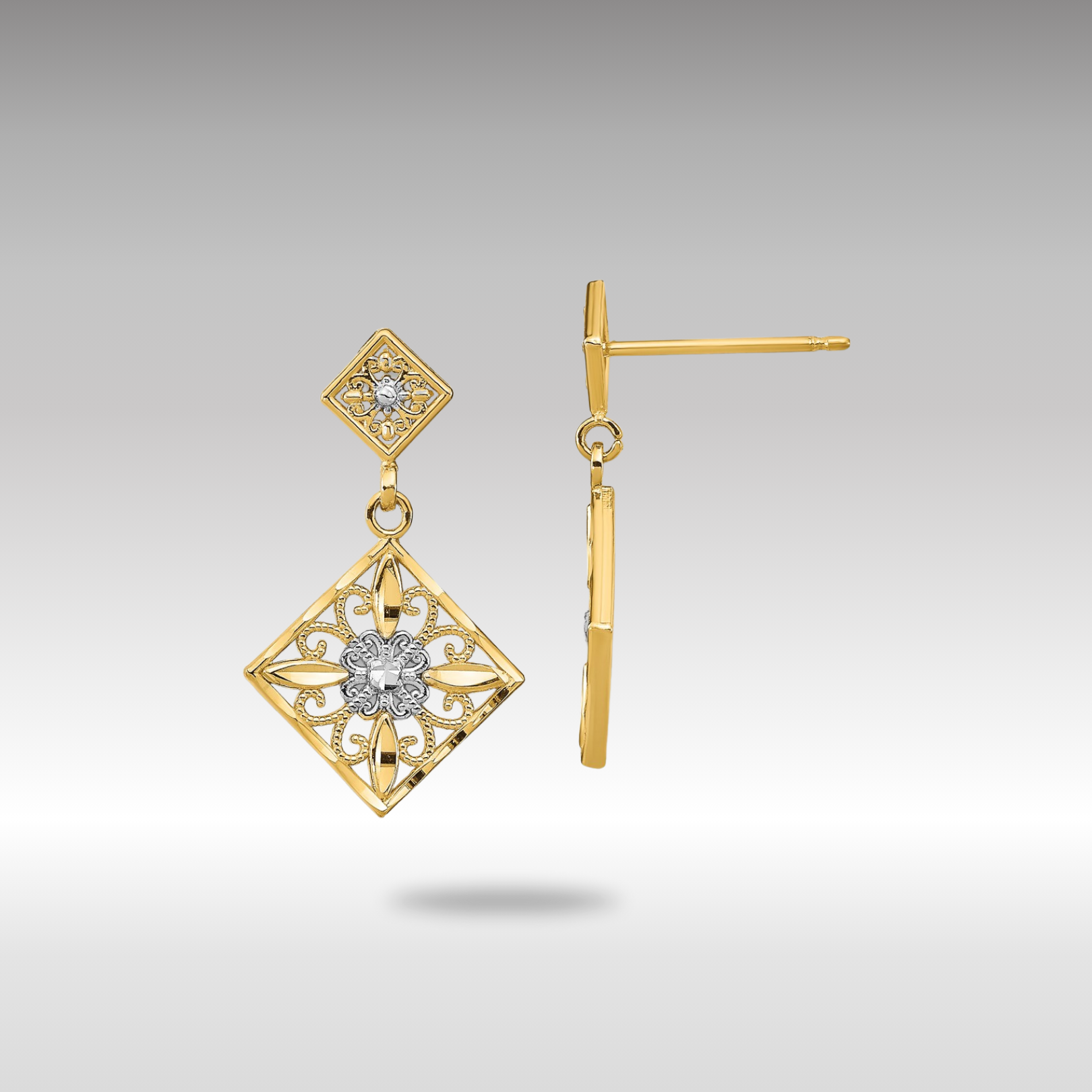 Gold Diamond Cut Square Filigree Dangle Earrings TE934 - Elegant Vintage Jewelry for Women, Perfect for Weddings, Parties & Special Occasions