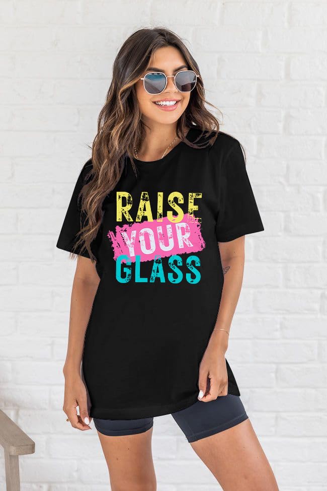 Raise Your Glass Women's Graphic T-Shirt - Oversized Concert Tee, Loose Short Sleeve Summer Top for Music Festivals & Casual Outings