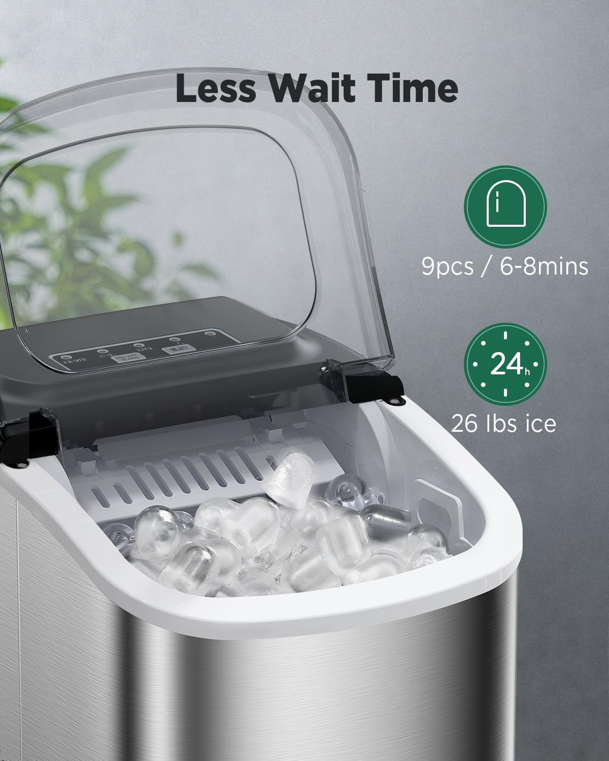 Silonn Countertop Ice Maker - Portable Self-Cleaning Ice Machine with 6-Minute Fast Freeze, 26Lbs/24H Capacity, 2 Ice Size Options (Bullet Ice) for Home Kitchen, Office, Bar & Party - Stainless Steel | Perfect for Cocktails, Iced Coffee & Entertaining