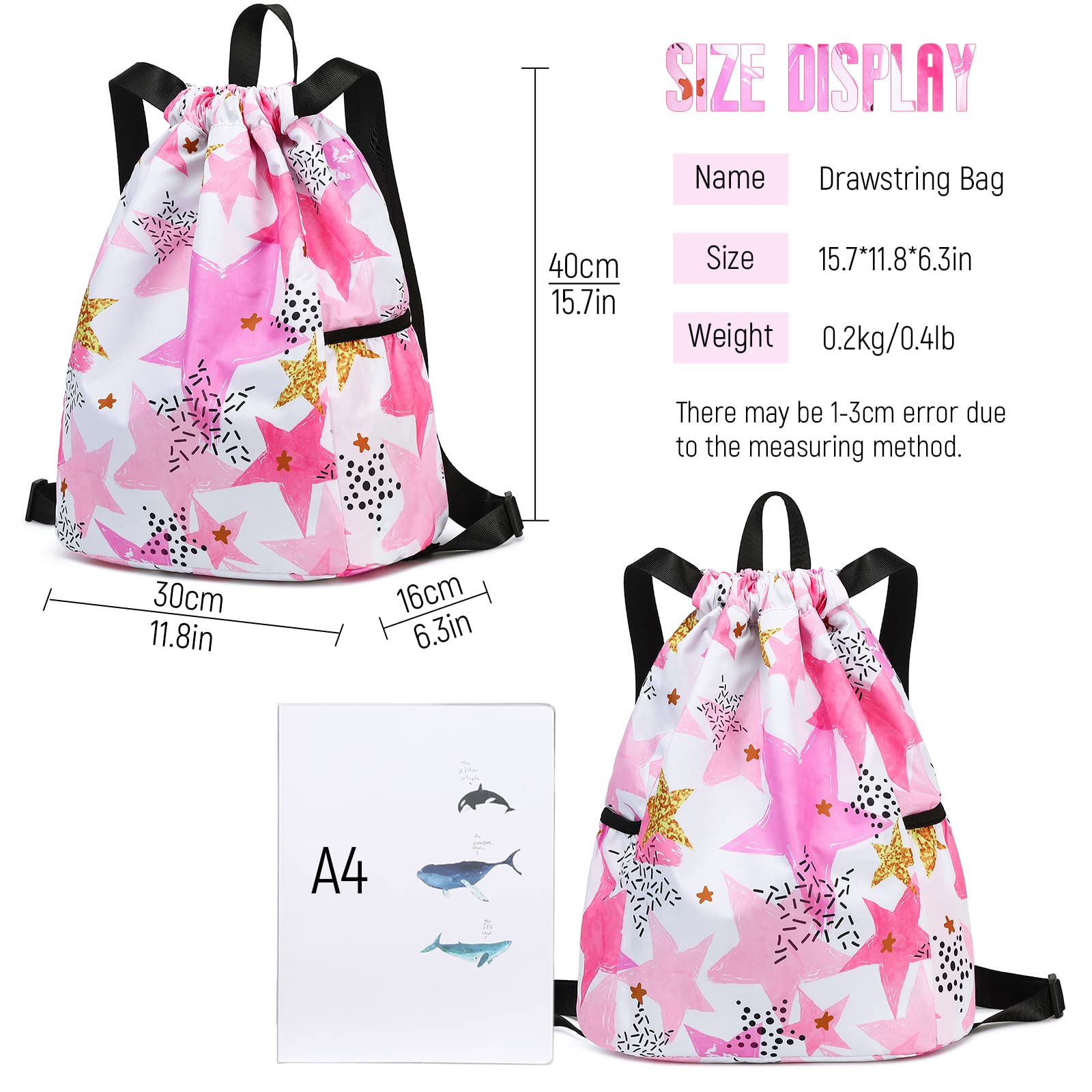 Waterproof Drawstring Backpack - Lightweight Gym Sackpack for Women & Girls, Sports Travel Bag with Adjustable Straps (Stars Pink) - Perfect for Yoga, Running, Beach & School Activities