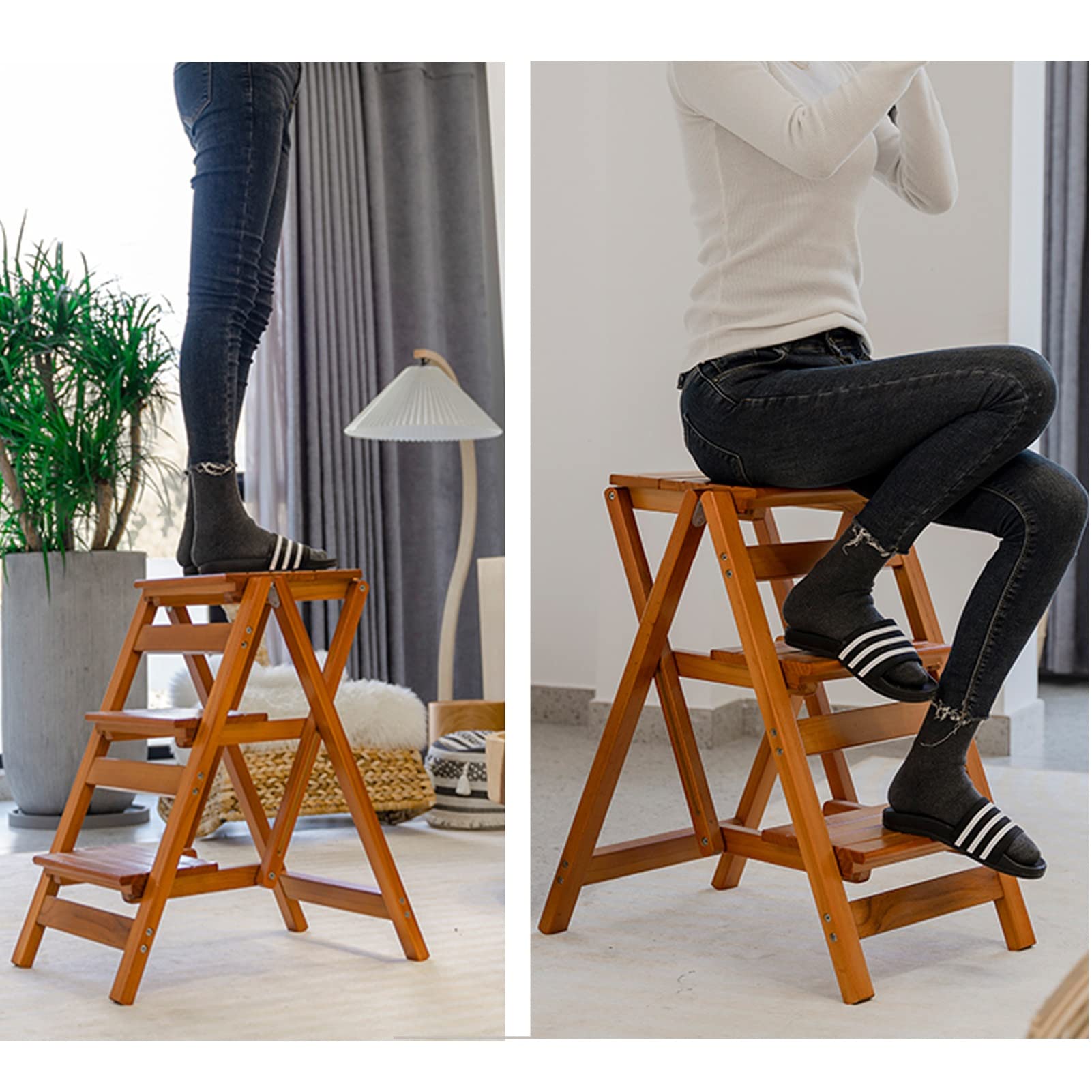 XHALERY 3-Step Wooden Folding Step Stool Ladder - Multifunctional Combination for Home, Library, and Display Shelves - Perfect for Reaching High Places, Organizing Books, and Showcasing Decor