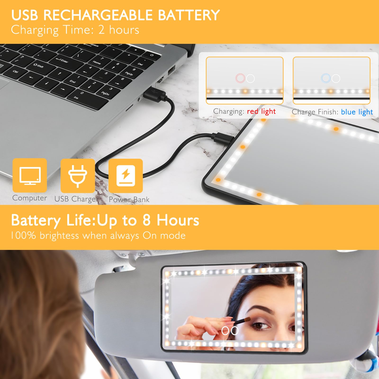 Rechargeable Car Sun Visor Vanity Mirror with 60 LED Lights & 3 Light Modes - Dimmable Touch Control Cosmetic Mirror for Women - Perfect for Makeup, Shaving & Grooming in Car, SUV or Travel (Black)