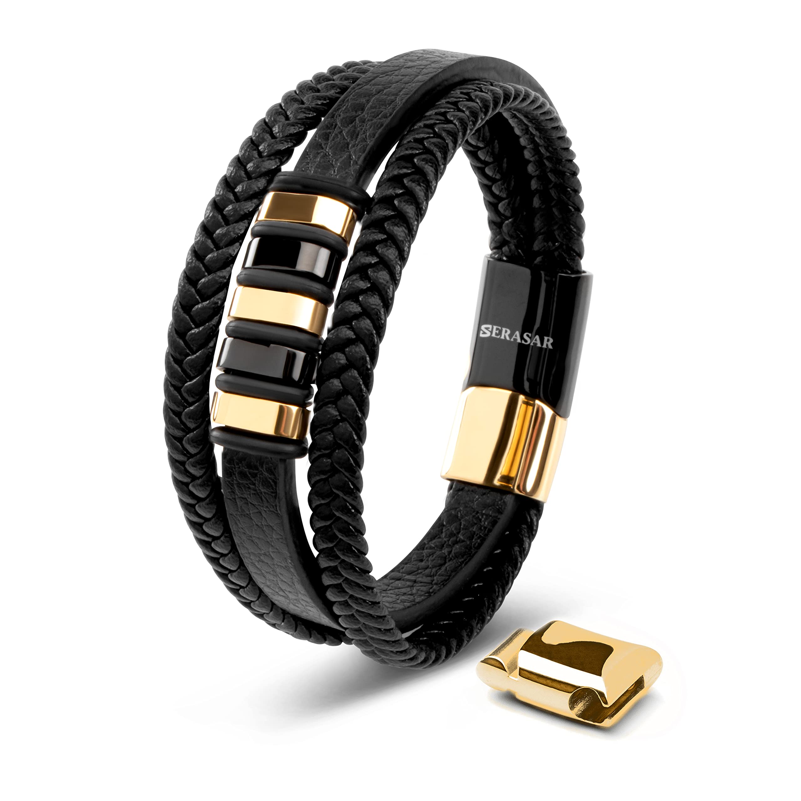 SERASAR Genuine Leather Bracelet for Men - Black Premium Leather with Magnetic Stainless Steel Clasp (Silver/Gold) | Luxury Gift Box Included | Perfect Gift for Birthday, Anniversary & Special Occasions | Stylish Everyday Wear & Formal Events Accessory