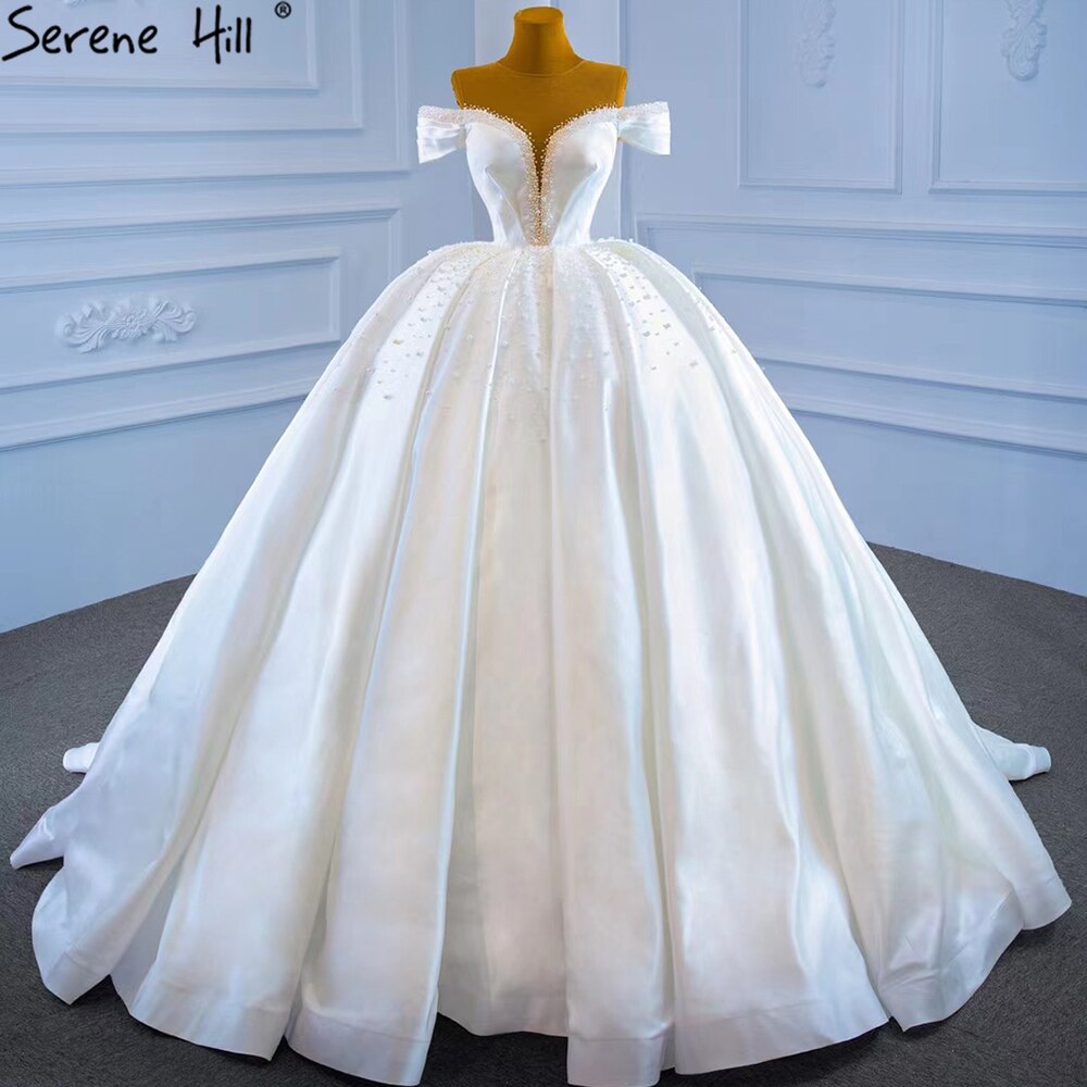 Serene Hill White Satin Beaded Pearl Wedding Dress 2025 - Sleeveless Lace-Up Bridal Gown HM67240 | Perfect for Beach Weddings, Vow Renewals & Formal Evening Events