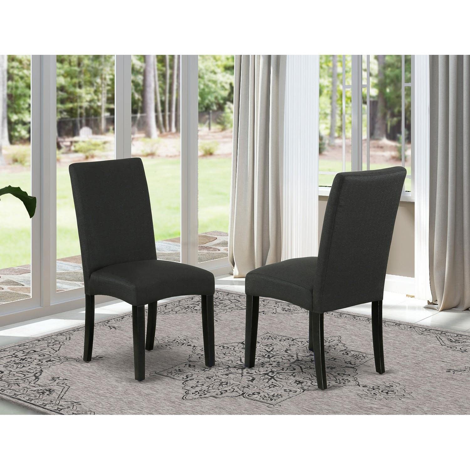 East West Furniture DRP1T24 Driscol Parson Chairs - Set of 2 Black Linen Fabric Padded Dining Chairs for Kitchen, Dining Room, and Office Use