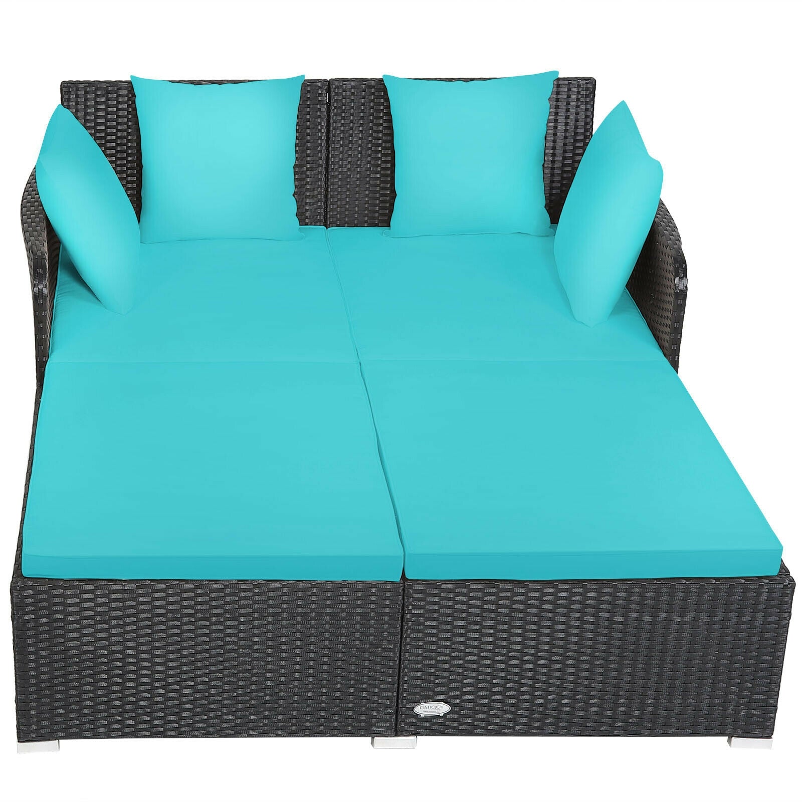 Premium Outdoor Rattan Daybed with Comfortable Upholstered Cushions & Turquoise Pillows - Perfect for Patio, Poolside or Garden Relaxation