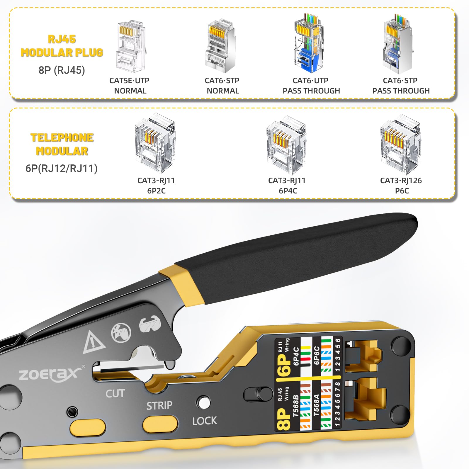 Professional RJ45 Crimping Tool with RJ11/RJ12 Compatibility - Ethernet Network Cable Crimper for Pass Through Connectors (Yellow) - Perfect for Home Network Setup & IT Professionals
