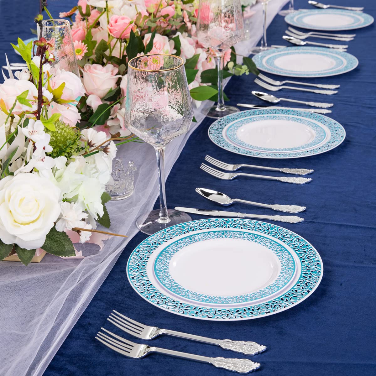 WELLIFE 180-Piece Blue Plastic Dinnerware Set - 30 Dinner Plates, 30 Dessert Plates, 30 Cups & 30 Cutlery Sets for Parties, Picnics, BBQs & Outdoor Events - Durable Disposable Tableware for Birthdays, Weddings & Family Gatherings