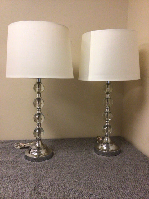 Elegant Pair of Cut Glass Stacked Sphere Table Lamps with Fabric Shades - Modern Home Decor for Living Room, Bedroom & Office Lighting