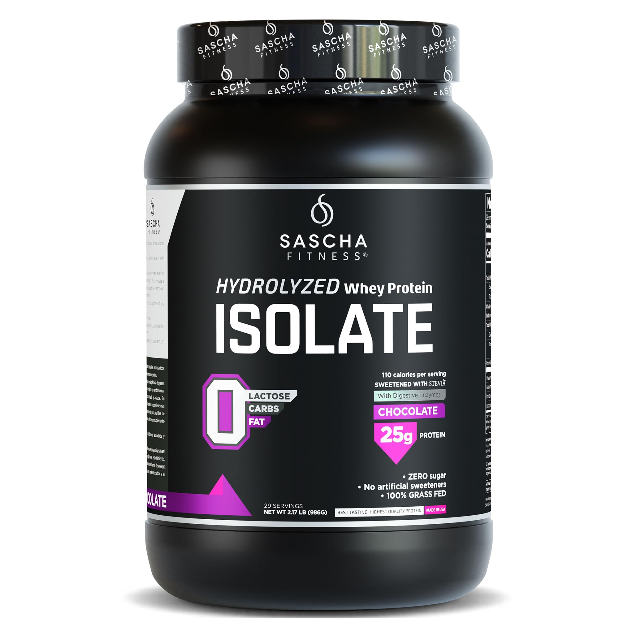 SASCHA FITNESS Hydrolyzed Whey Protein Isolate Powder - 100% Grass-Fed, Low Carb, Keto Friendly (2 lb, Chocolate Flavor) for Muscle Recovery & Post-Workout Nutrition
