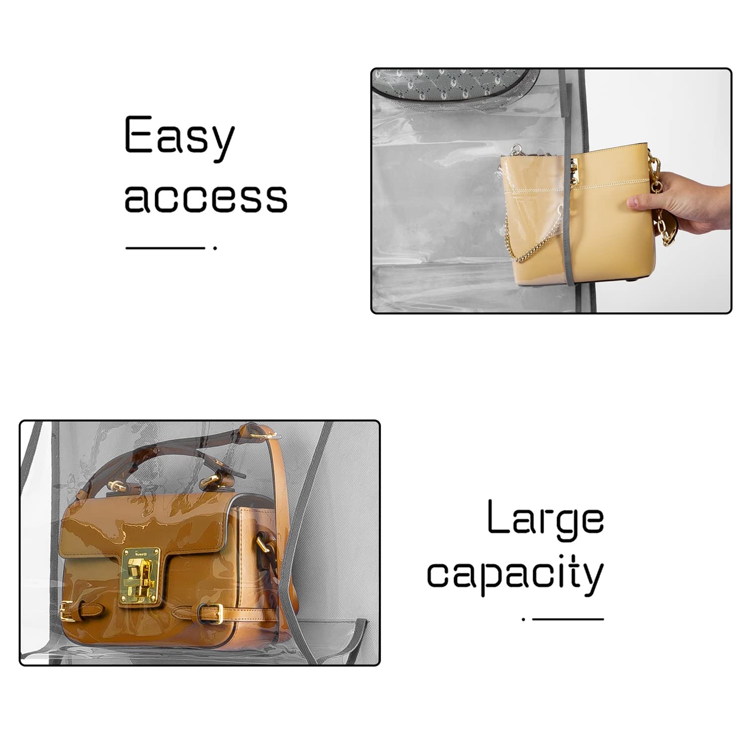 Dual-Sided Hanging Organizer with 10 Large Pockets - Space-Saving Closet Storage for Handbags, Shoes, Towels, Scarves & Clothes (Grey) - Perfect for Bedroom, Closet & Dorm Organization