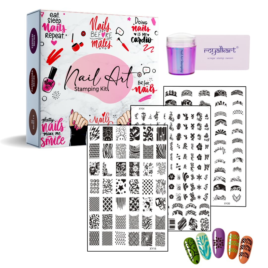 Professional Nail Art Kit for Women - 3 Nail Stamping Plates (XY15, 04, 20) with Stamper & Scraper | DIY Manicure Tools for Girls | Perfect for Home Salon, Party Nail Designs & Gift Giving