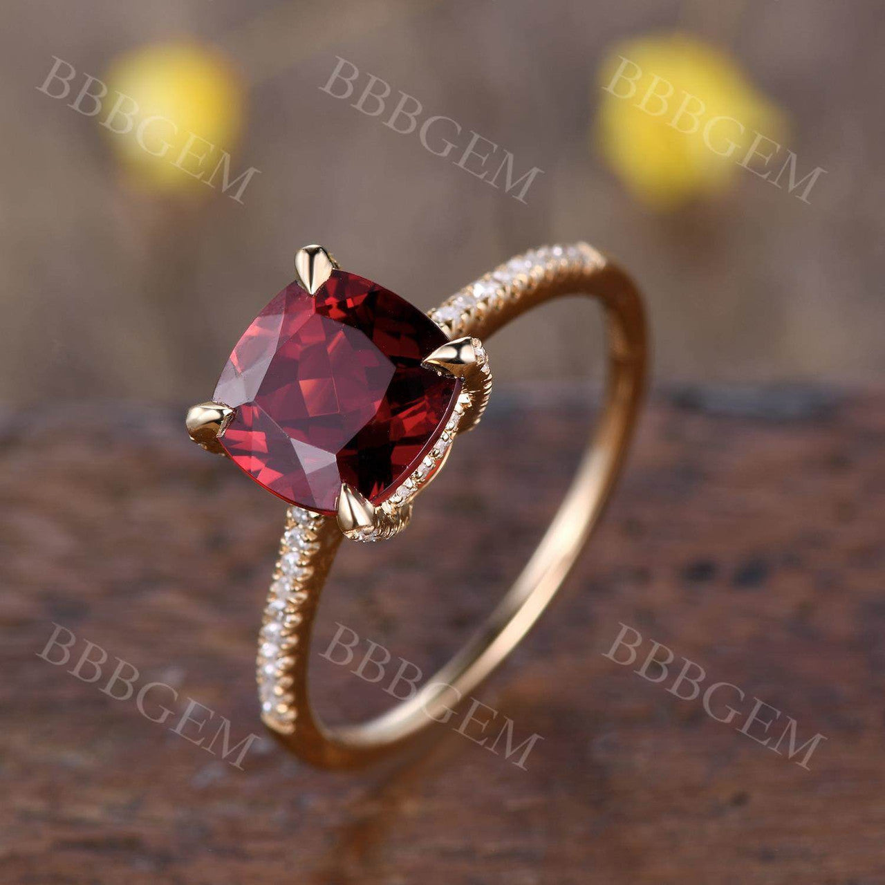 2.5 Carat Cushion Cut Red Garnet Promise Ring with Half Eternity Diamond Band in 14K Rose Gold - Perfect for Engagement, Anniversary & Romantic Gifts