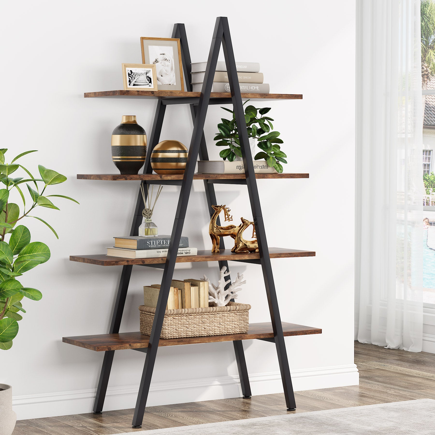 4 Tier A-Shaped Industrial Ladder Bookshelf - Rustic Wood & Metal Bookcase for Home Office, Living Room, Bedroom Storage & Display (Perfect for Books, Plants, Decor)