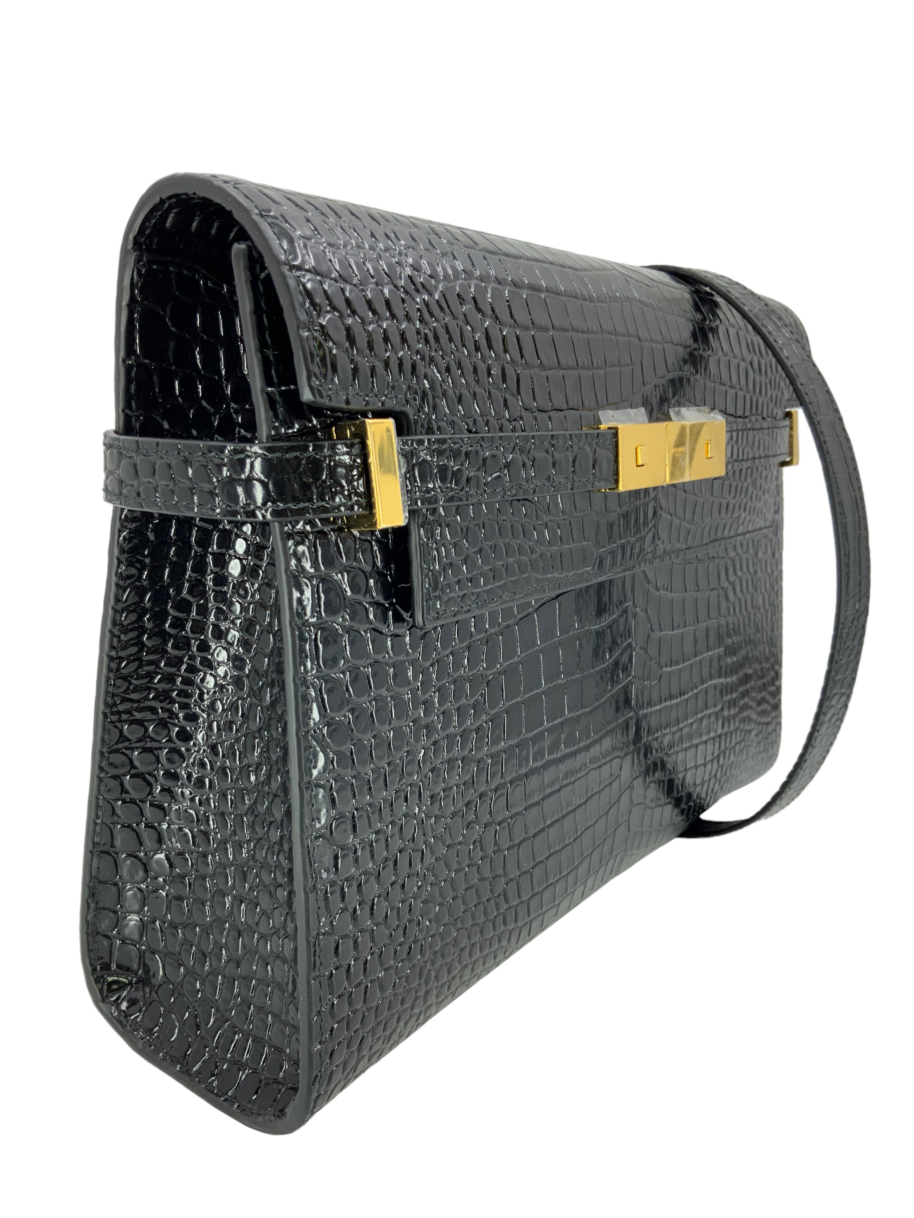 SAINT LAURENT Manhattan Crocodile Embossed Patent Leather Shoulder Bag for Women - Luxury Designer Handbag for Work, Travel & Evening Events