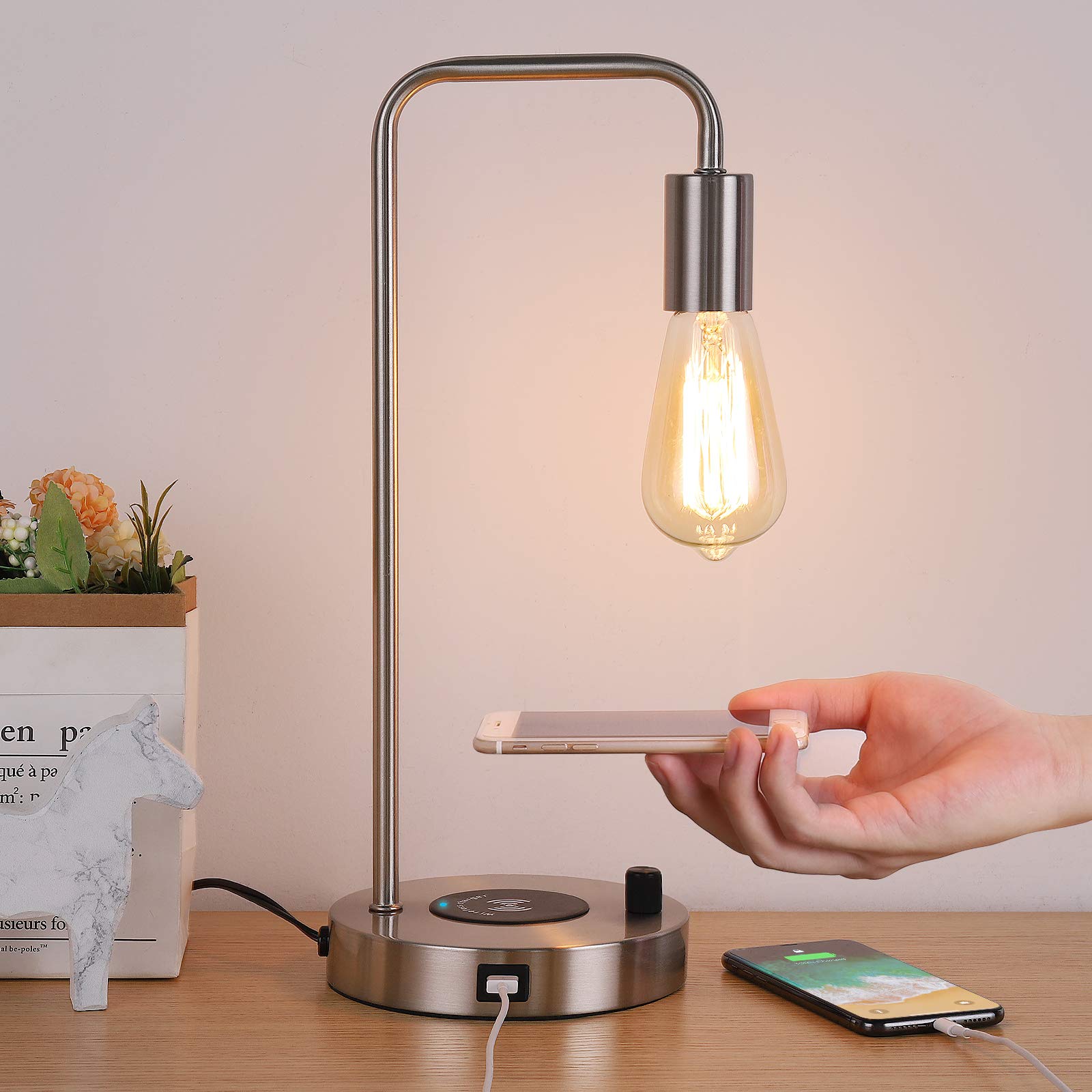 Wireless Charging Desk Lamp with USB Port - Adjustable Edison Table Lamp for Bedroom, Office & Living Room | Metal Base, Satin Nickel Finish | Perfect for Night Reading, Home Decor & Workspace Lighting