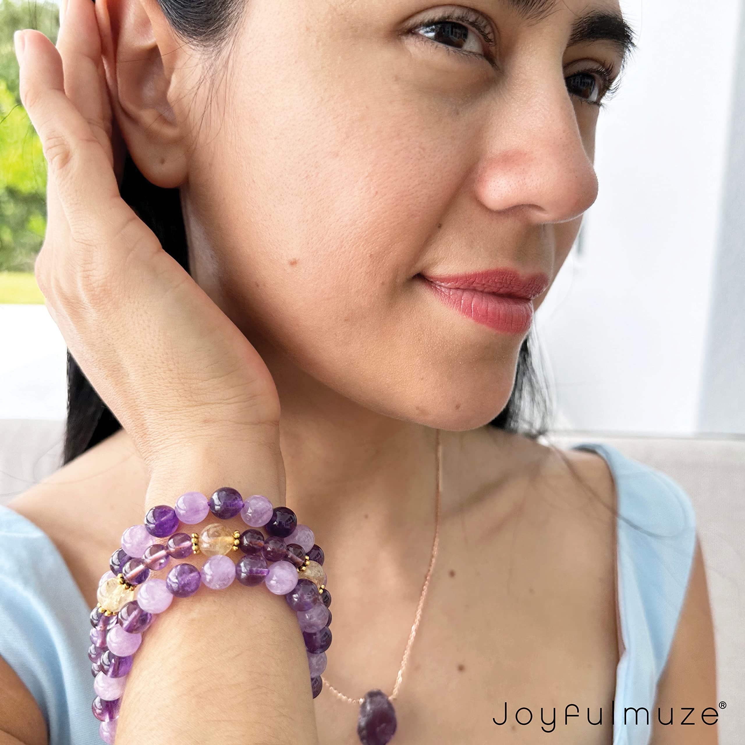 Handmade Stretch Bracelets with Natural Gemstones - Amethyst, Citrine, Rose Quartz, Crystal Quartz, Moonstone, Peridot & Tiger Eye | Adjustable Beaded Bracelet for Women & Men | Perfect for Yoga, Meditation, Gifts & Everyday Wear (Dark + Light Amethyst)