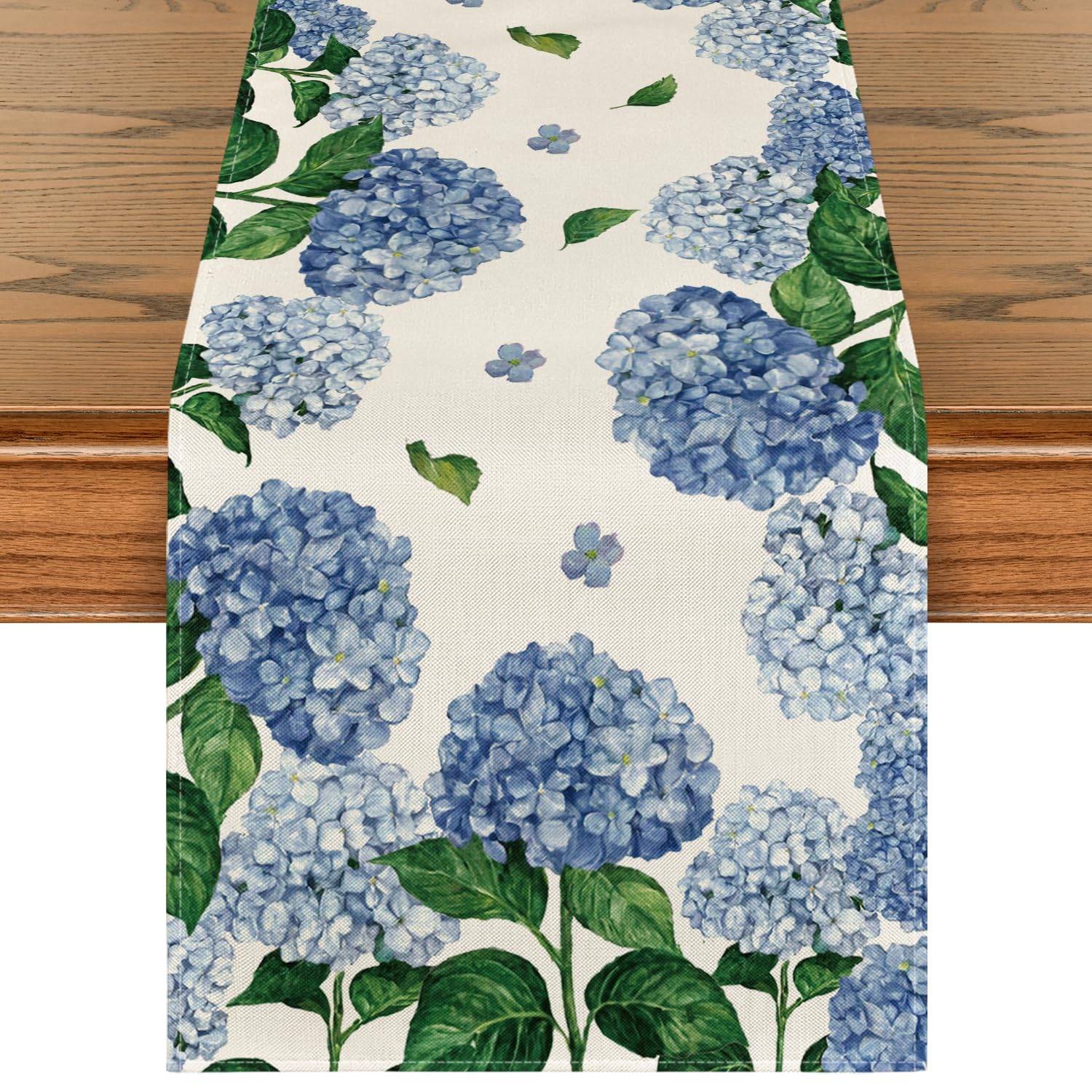 Artoid Mode Blue Hydrangea Watercolor Table Runner - 13x90 Inch Spring Summer Floral Table Decor for Kitchen, Dining, Indoor & Outdoor Home Party - Perfect for Weddings, Brunch & Seasonal Celebrations