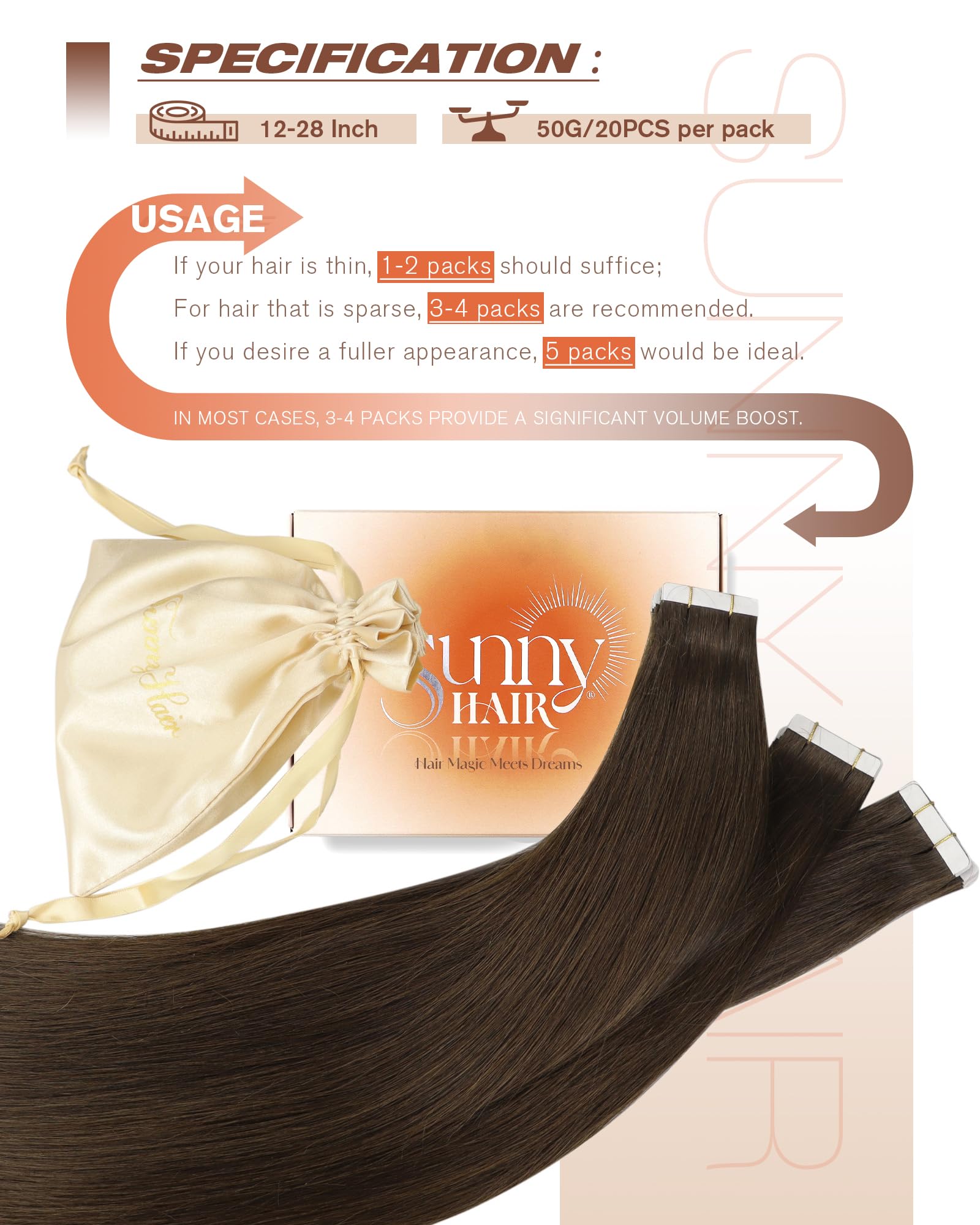 Sunny Tape in Hair Extensions 12 Inch 20Pcs - 100% Remy Human Hair, Invisible & Natural Looking Dark Brown Hair Extensions for Women - Perfect for Volume, Length & Styling for Parties, Weddings & Daily Wear