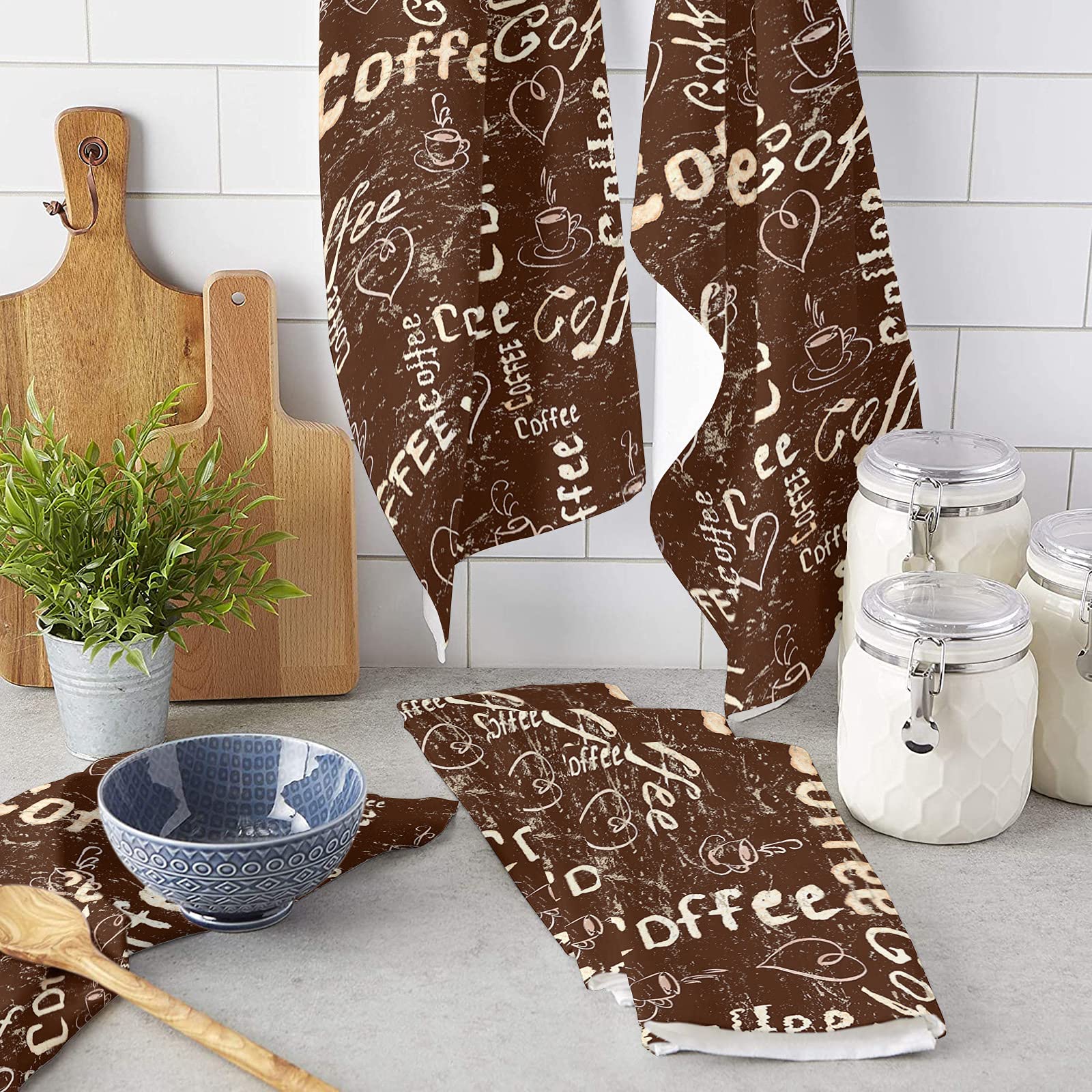 Premium Coffee Beige Brown Kitchen Towels Set - 3 Pack Absorbent Soft Cotton Dishcloths, 18x28 Inches - Mocha Latte Themed Bar & Tea Towels for Dish Drying, Hand Wiping, and Counter Cleaning