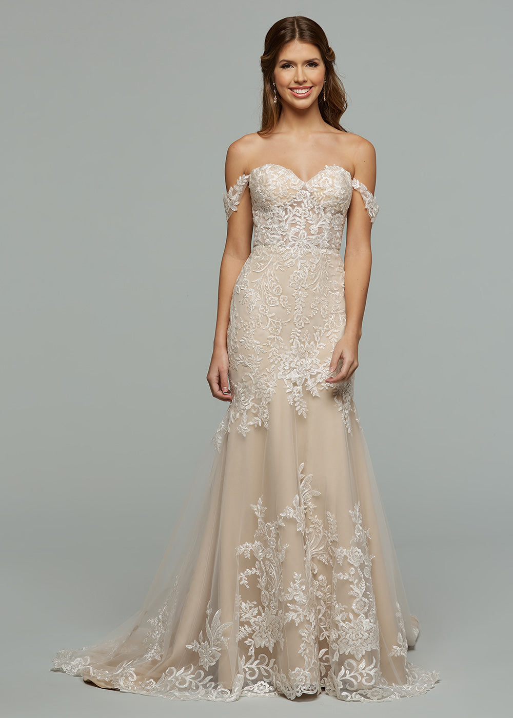 Elegant Off-The-Shoulder Lace Mermaid Wedding Dress with Sheer Bodice - Perfect for Beach Weddings & Romantic Ceremonies