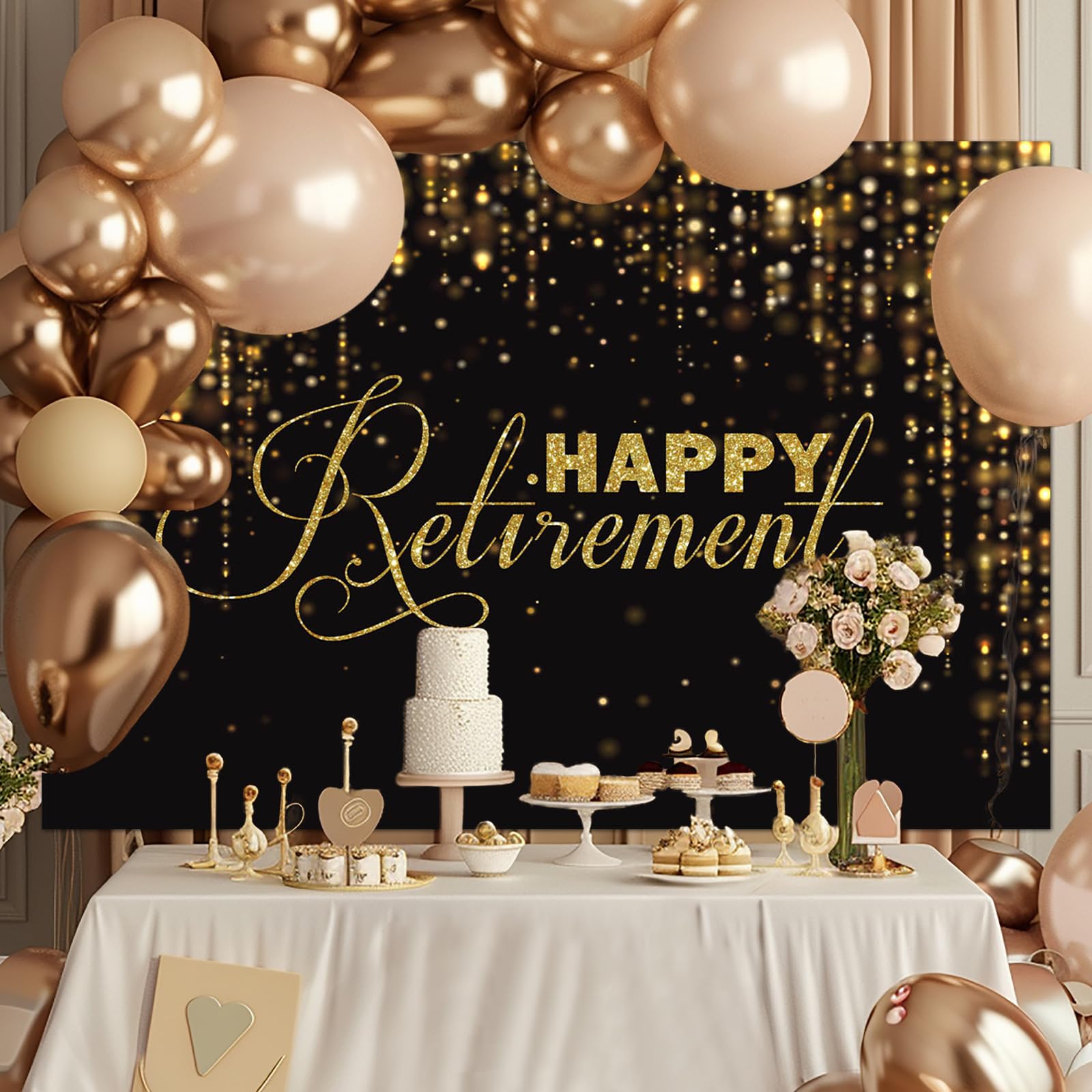 Happy Retirement Backdrop 7x5ft Black & Gold for Party Decor