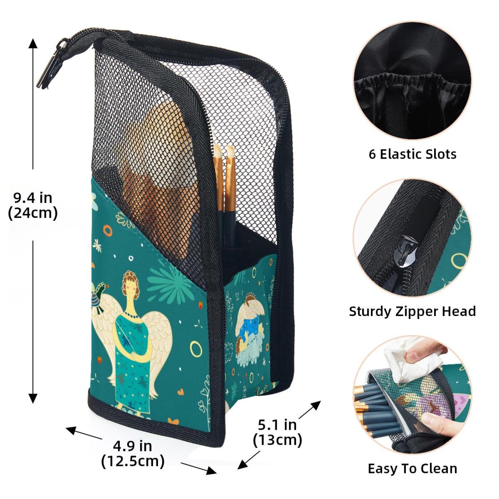 12-Piece Makeup Brush Organizer Bag with Green Angel Background - Portable Cosmetic Brush Holder Case for Women - Perfect for Travel, Home & Professional Makeup Artists