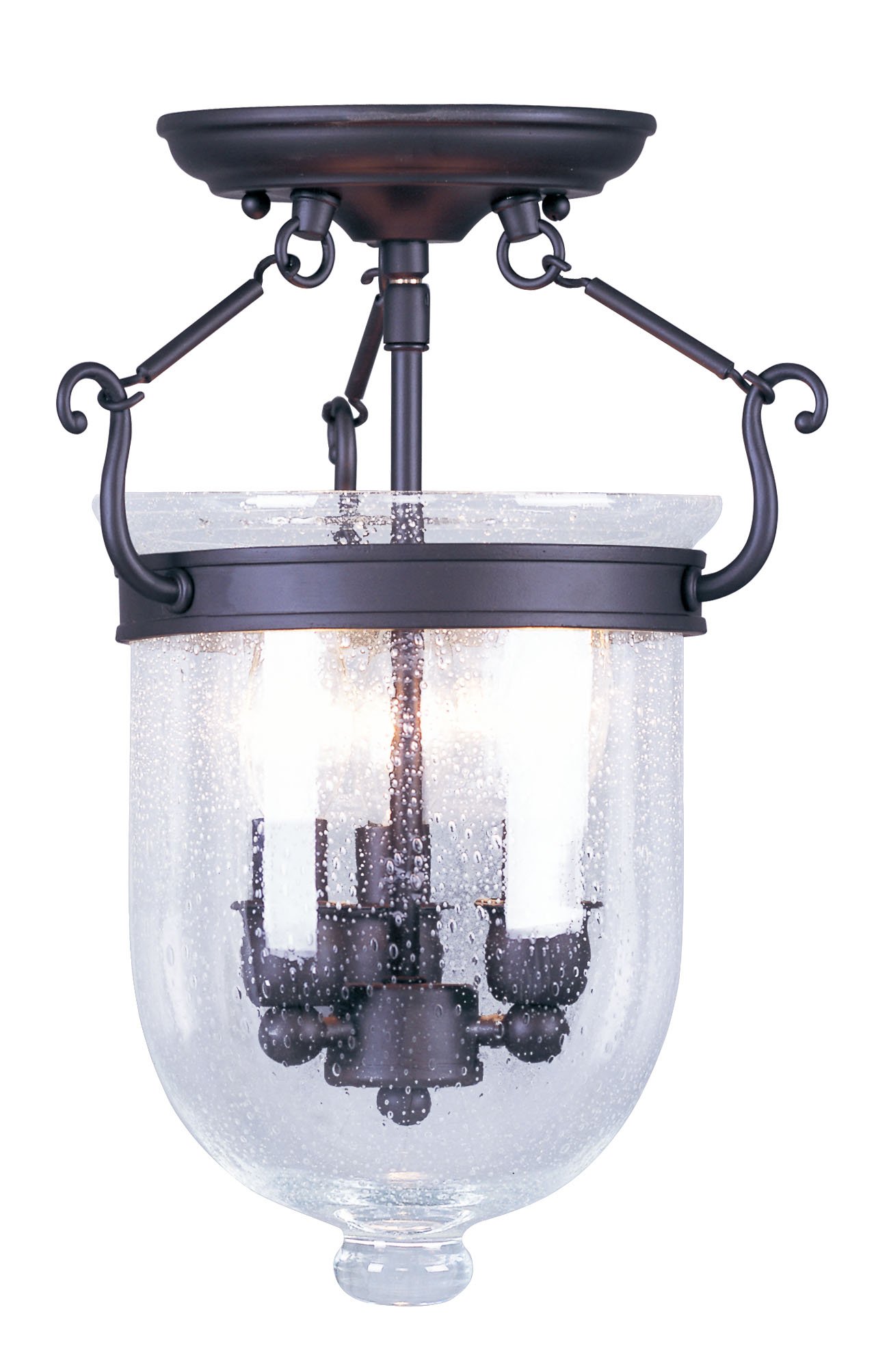 Livex Lighting 5081-07 Jefferson 3-Light Bronze Bell Jar Semi-Flush Mount Ceiling Light with Seeded Glass - Perfect for Dining Room, Bedroom, or Entryway Lighting