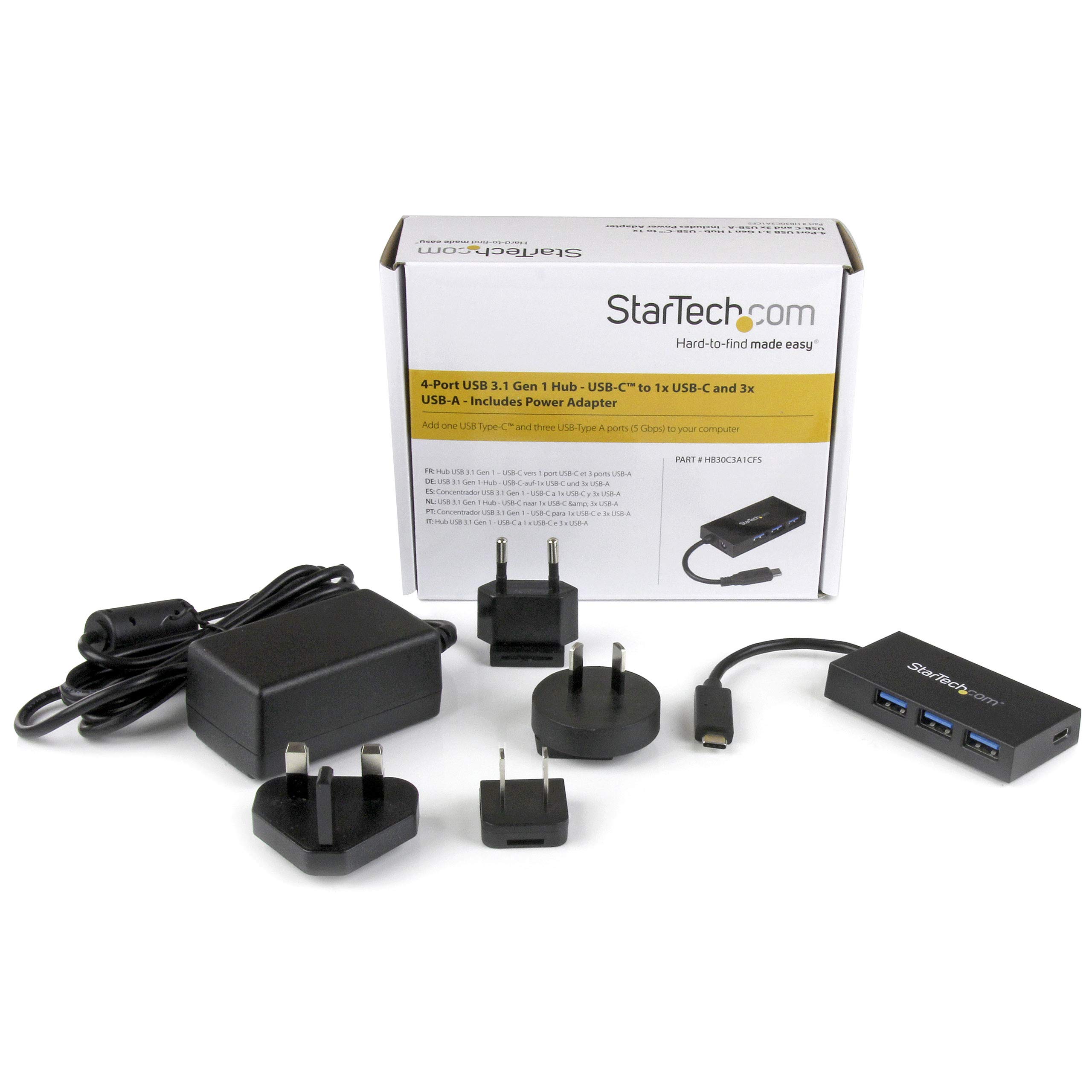 StarTech.com 4-Port USB C Hub with Power Adapter - USB-C to 3x USB-A & 1x USB-C Port Expander (HB30C3A1CFS) - Perfect for Laptops, Tablets & Workstations