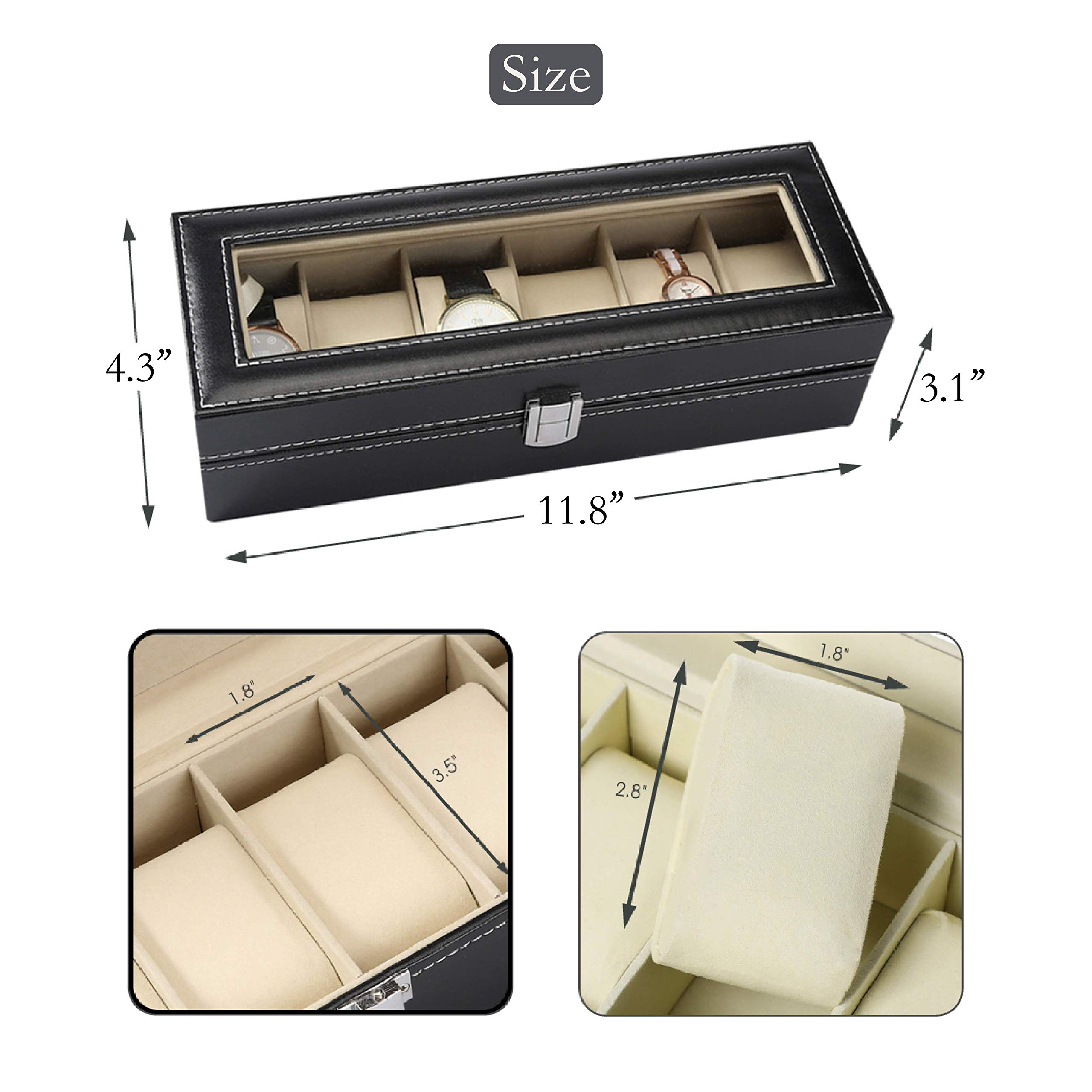 Premium 6-Slot Watch Display Case with Glass Lid & Removable Pillow - Luxury Black Leather Watch Box Organizer for Men | Perfect for Watch Collection Storage, Jewelry Organization & Gift Giving