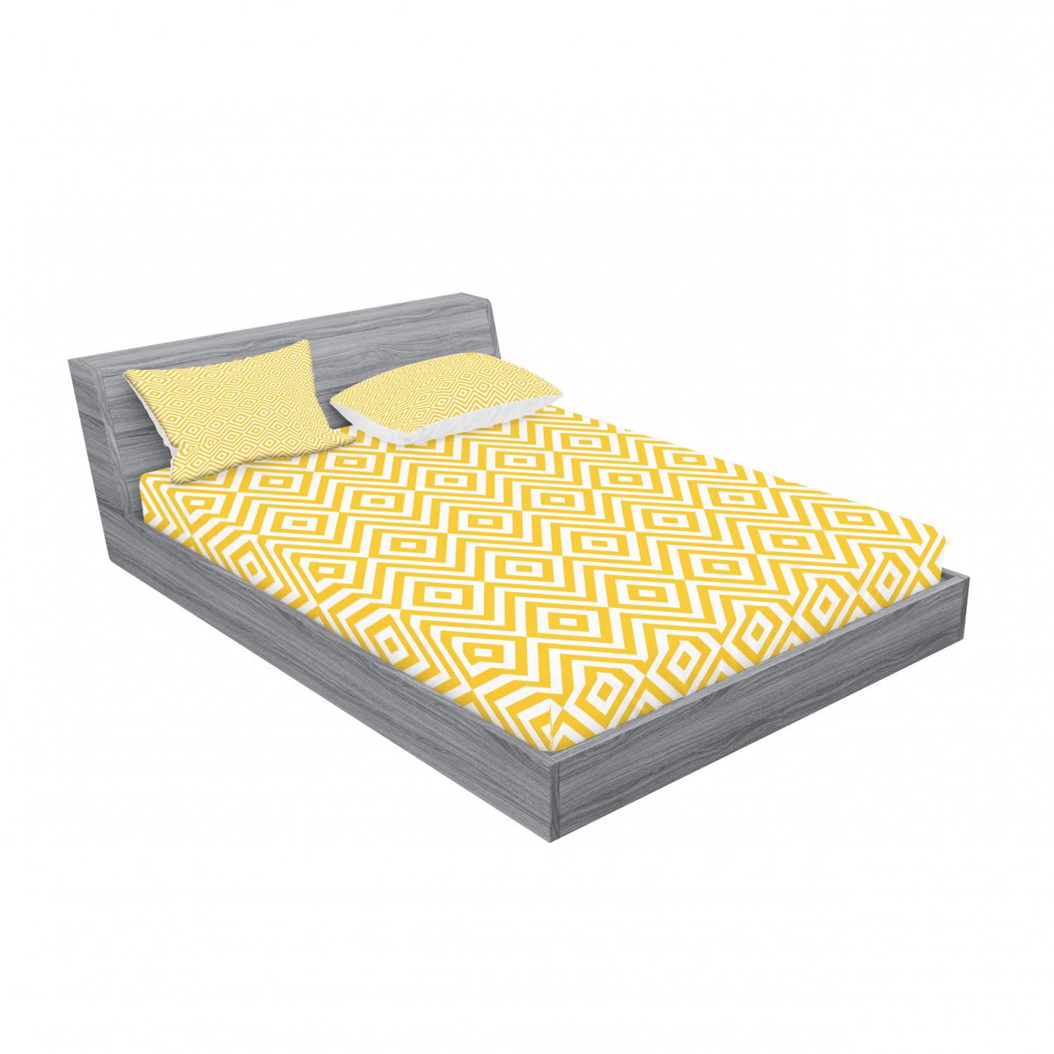 Ambesonne 2-Pack Queen Size Fitted Sheets & Pillow Sham Set - Geometric Triangle Square Pattern Bedding Decor (4-Piece Set, Marigold & White) for Modern Bedroom, Guest Room & Dorm Decor