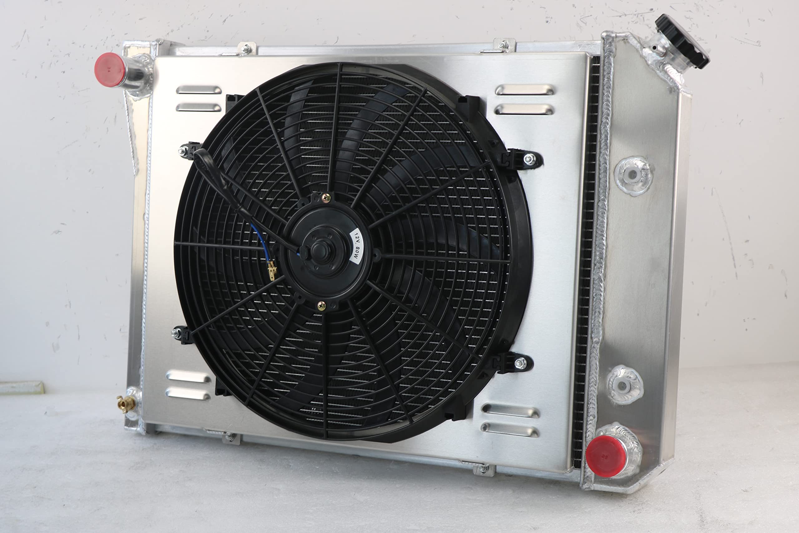 4 Row Aluminum Radiator with Electric Fan Shroud & Thermostat Kit - Compatible with 1974-1979 Chevy Nova, 1975-1984 El Camino, 1974-1981 Camaro, Impala, Skylark & Multiple GM Models - High-Performance Cooling for Classic Car Restoration & Hot Rod Upgrades