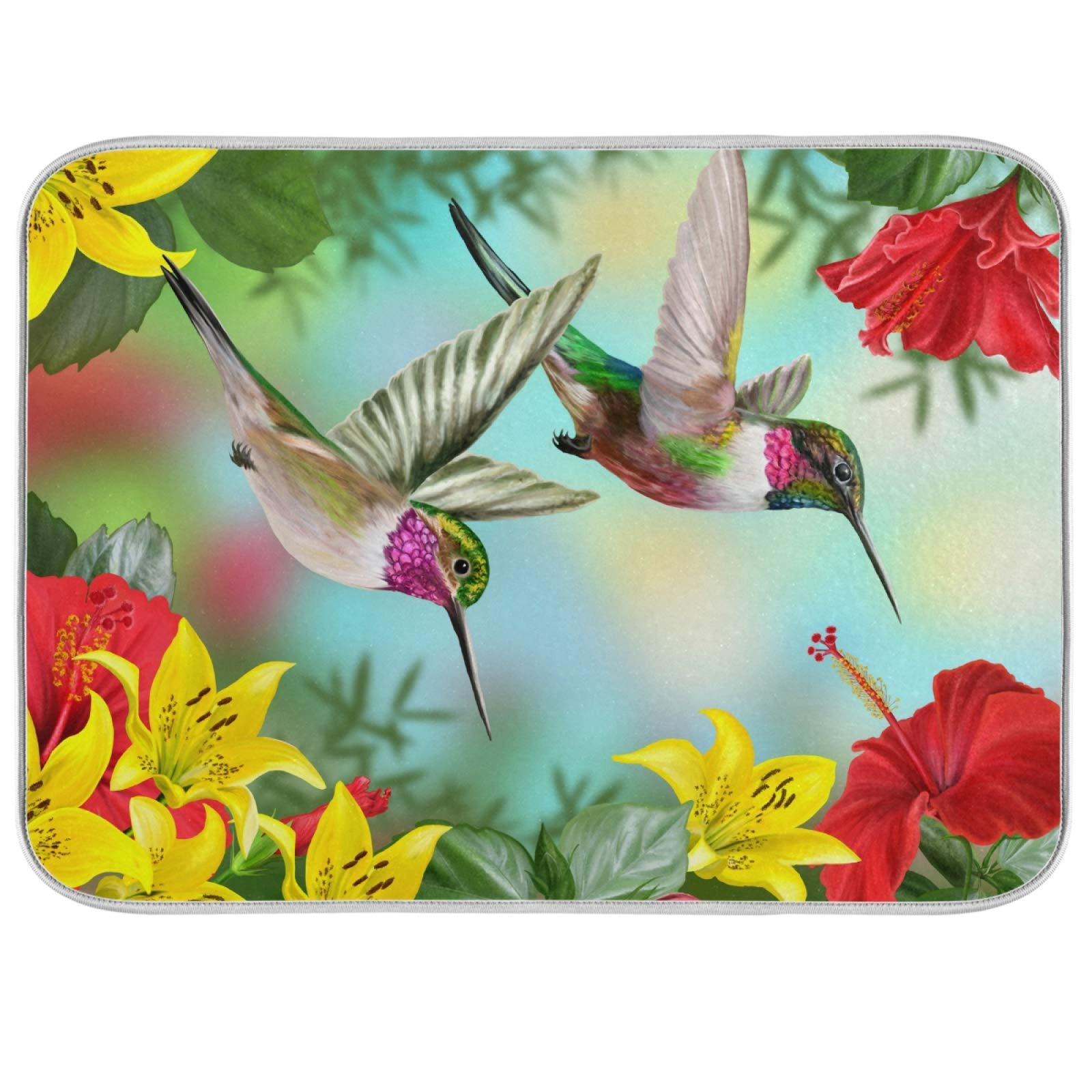 Hummingbird Print Polyester Dish Drying Mat - 24x18 Inch Absorbent Kitchen Counter Mat with Hanging Loop | Waterproof & Quick-Dry for Dishes, Utensils & Cookware | Perfect for Kitchen Sink, Countertop & Drying Rack