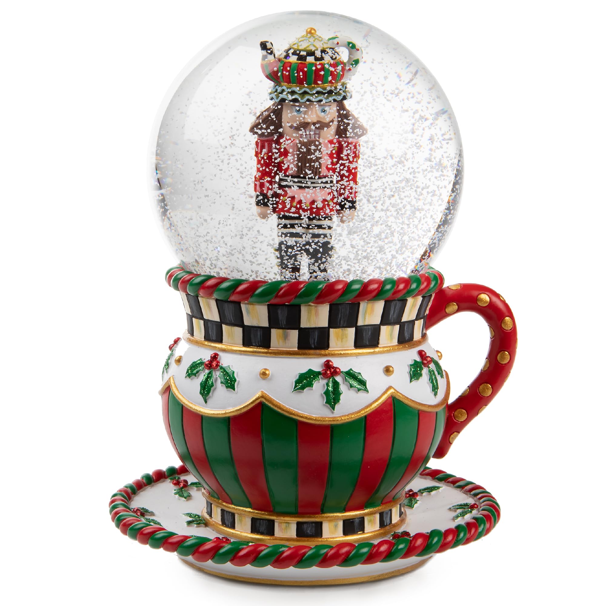 MacKenzie-Childs Snow Globe - Christmas Teapot Nutcracker Ornament for Holiday & Winter Home Decor - Perfect for Living Room, Mantel, and Gift Giving