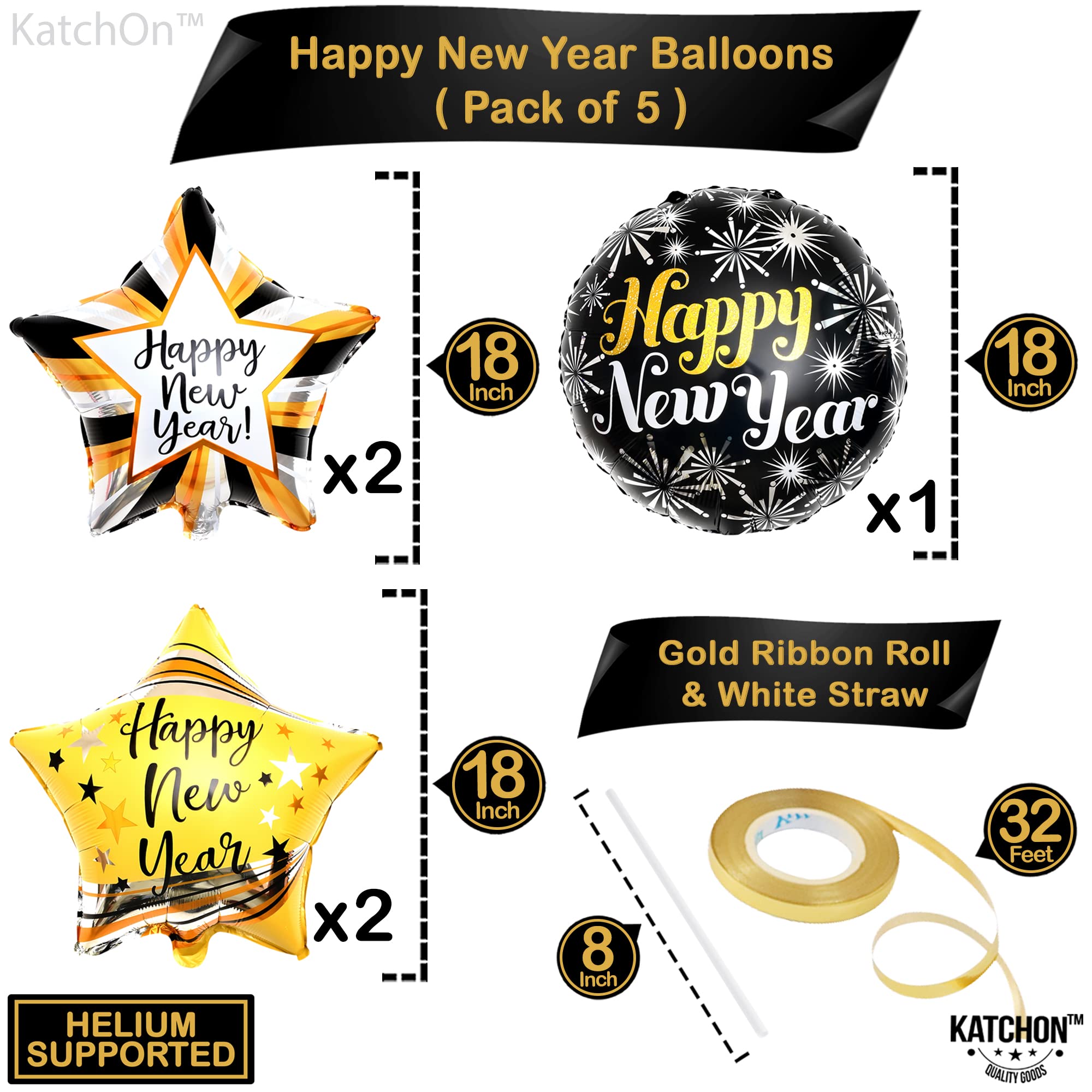 KatchOn Happy New Year Balloons Set - 5 Pack | Shiny 2025 NYE Party Balloons, New Year's Eve Decorations | Foil Balloons for 2025 Celebrations | Perfect for Home, Office & New Year's Eve Party Decorations