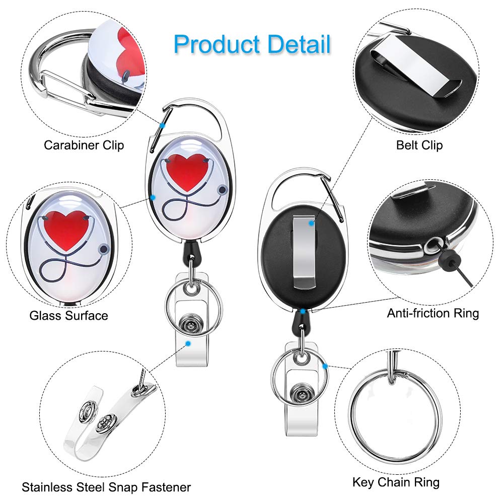 Xoqo Heavy Duty Retractable Badge Reel with Carabiner - 3 Pack Crystal Glass Badge Holders with Belt Clip & Key Ring for Office, Doctor, Nurse - Heartbeat & Stethoscope Design - Ideal for Healthcare Professionals, Hospital Staff & Corporate ID Cards