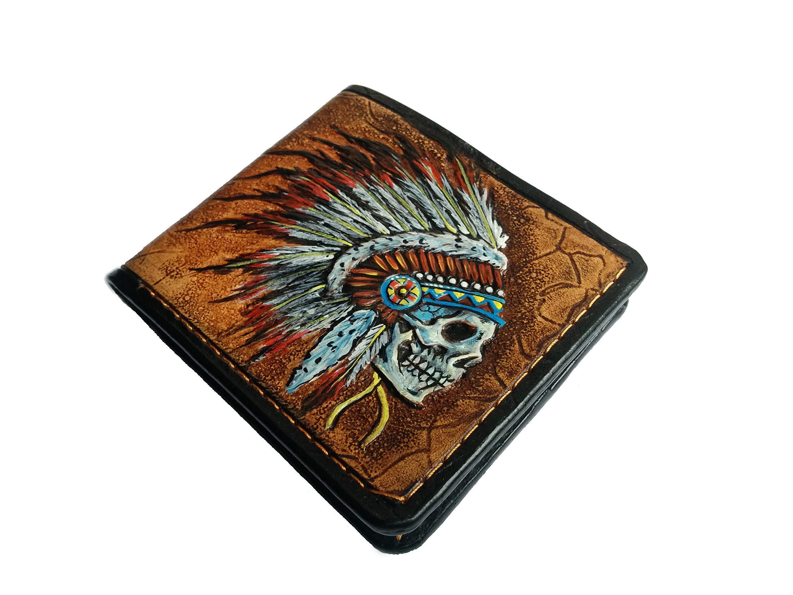 Authentic 3D Genuine Leather Bifold Wallet - Handcrafted Indian Chief Skull & Native American Apache Headdress Design - Patriotic Men's Carved & Tooled Custom Wallet - Perfect for Everyday Use & Gift Giving