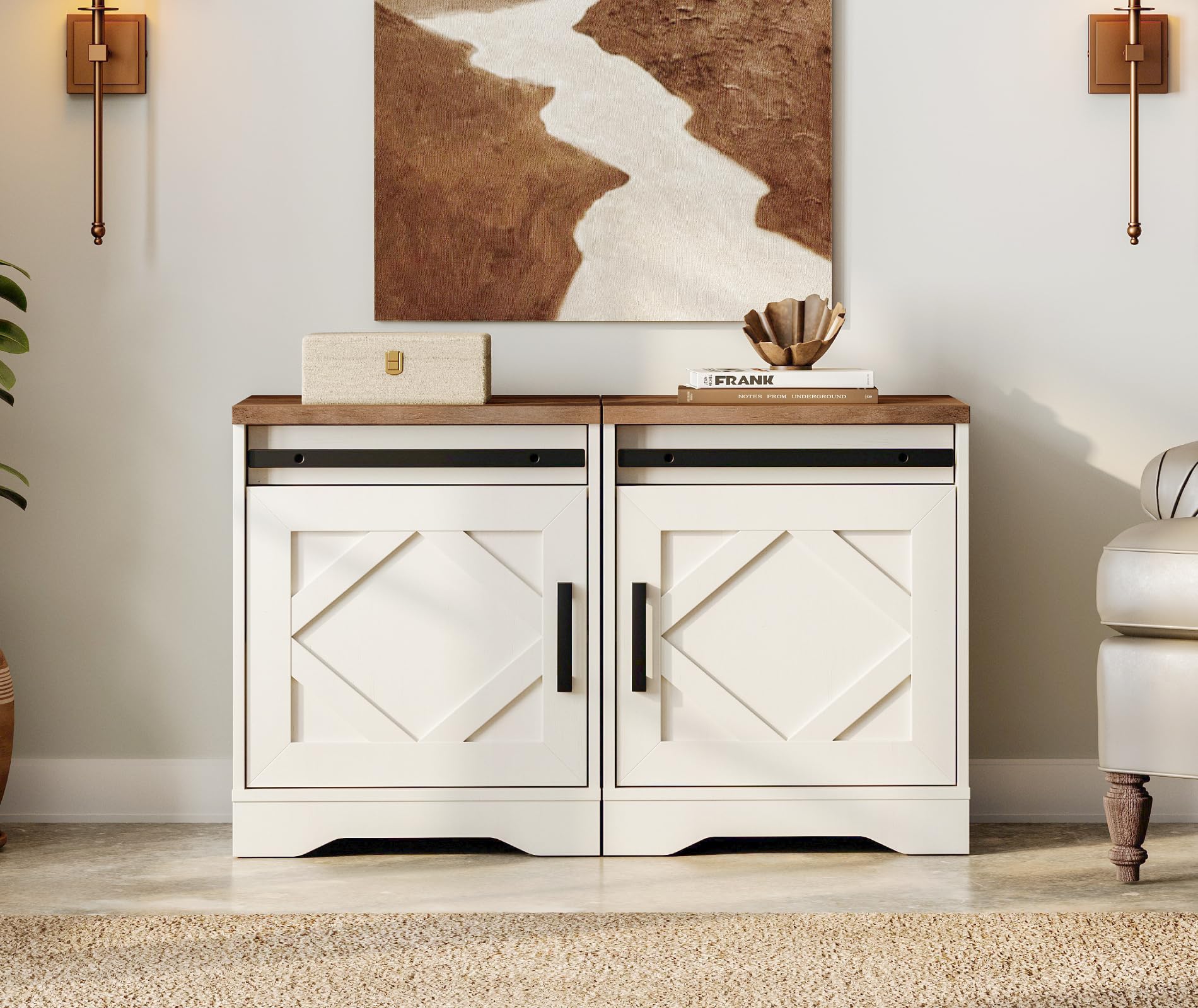 WAMPAT Farmhouse End Table Set of 2 - Wooden Sofa Side Tables with Drawer and Storage Compartment for Living Room, Bedroom Nightstands in Antique White - Perfect for Coffee Table, Reading Nook, and Home Decor